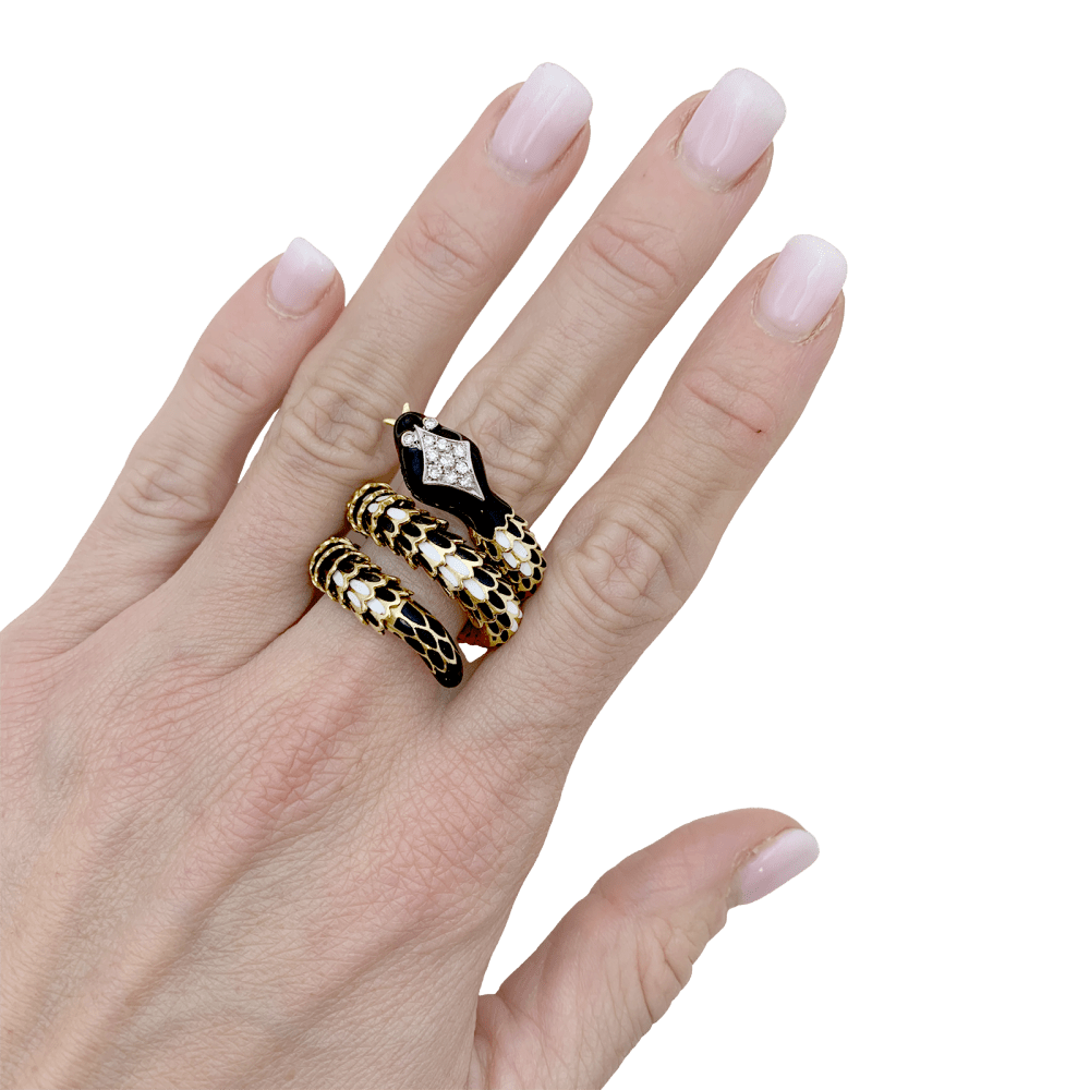 Bague vintage, «Serpent», or jaune, émail, diamants. - Maison Eloe