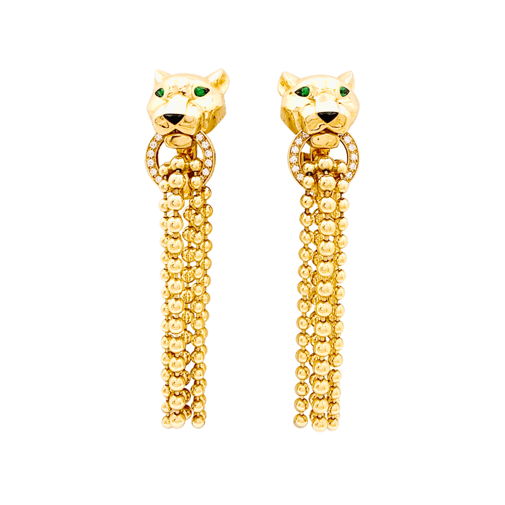 Boucles d'oreilles CARTIER, "Panthère de Cartier", or jaune, diamants, tsavorites et onyx.