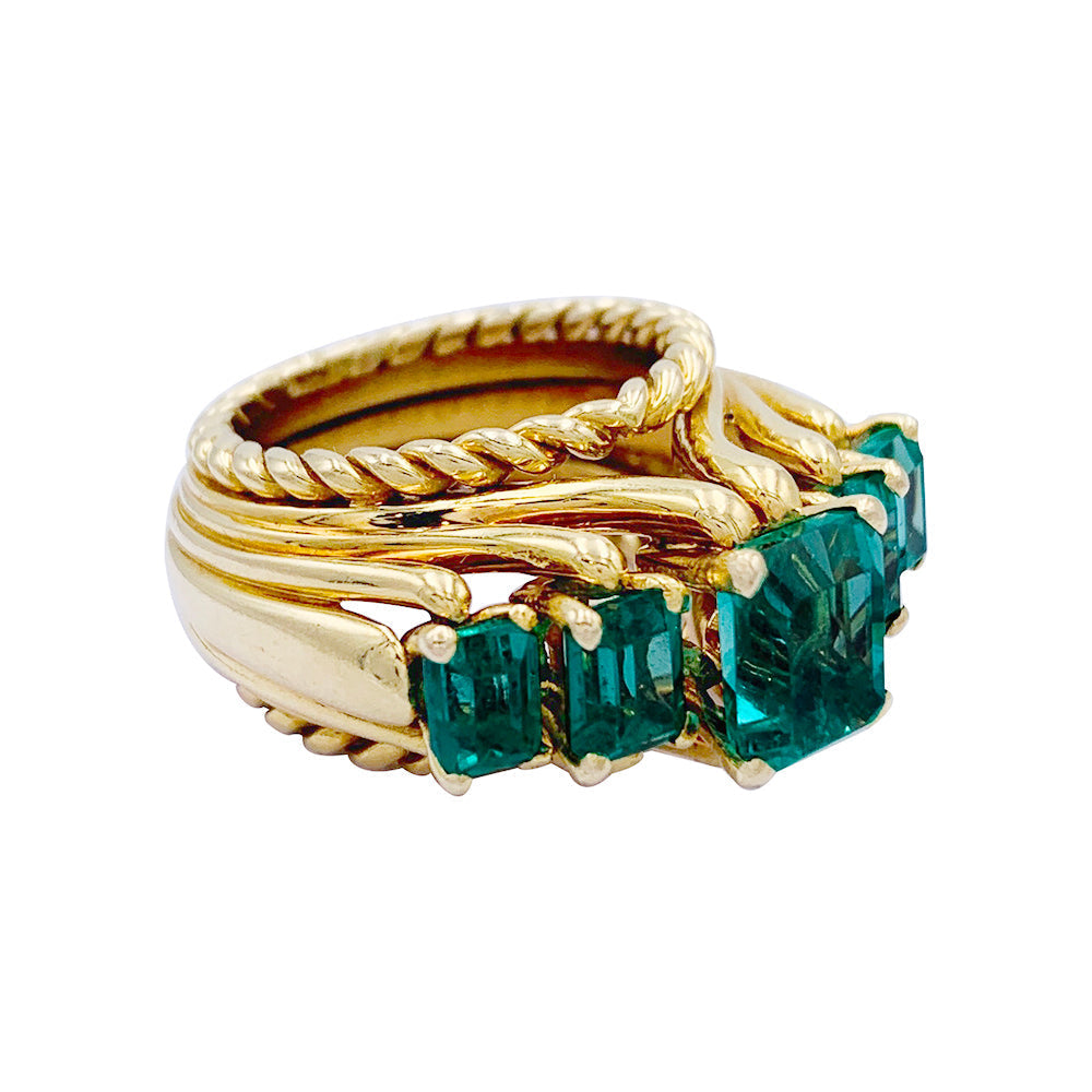 Bague vintage or jaune, émeraudes.