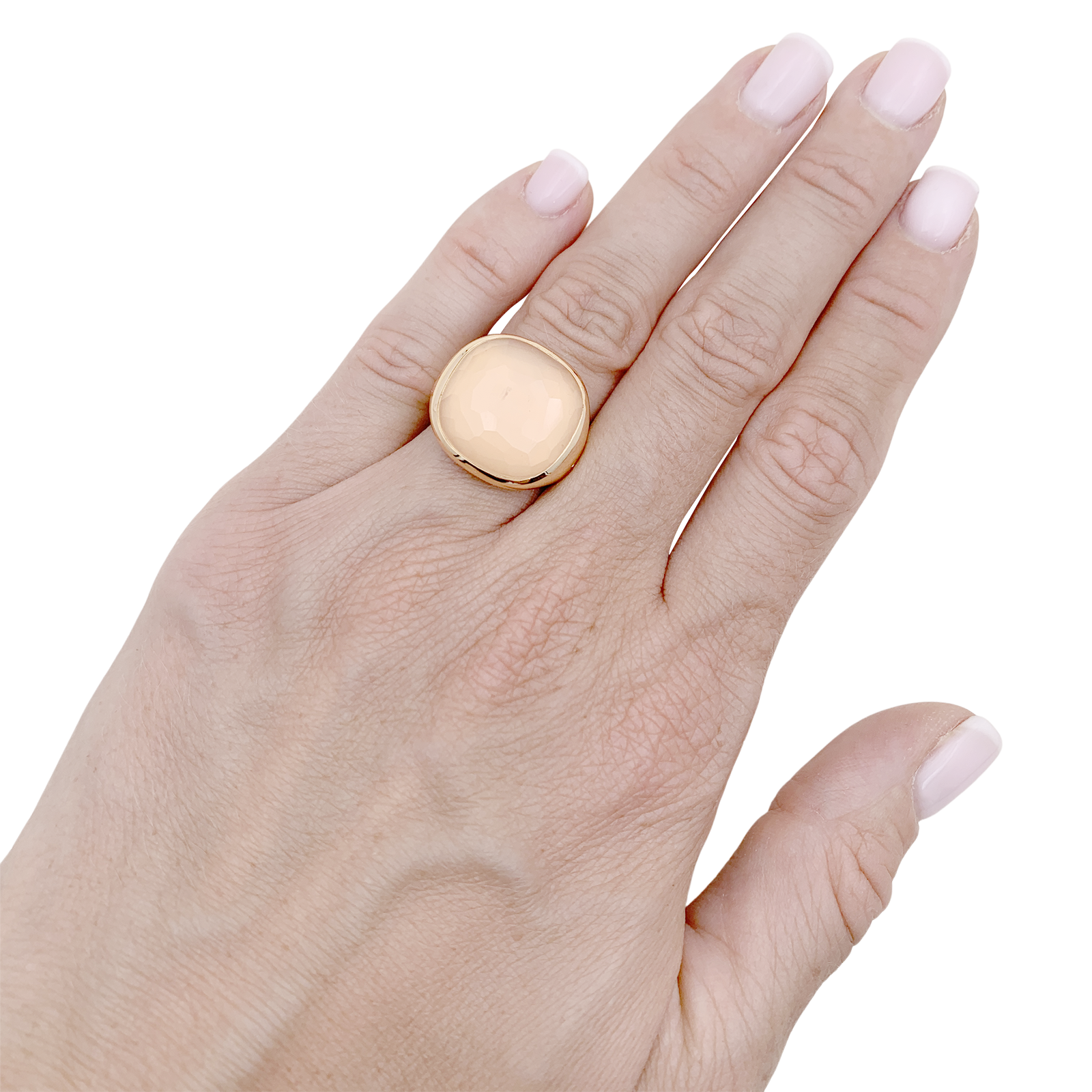 Bague Pomellato "Cipria" en or rose et quartz rose.