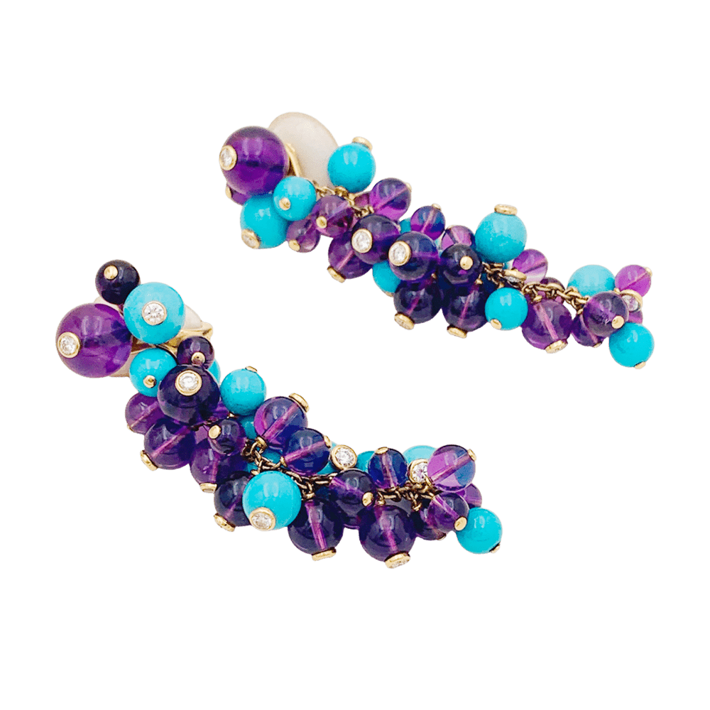 Boucles d'oreilles Cartier, "Délices de Goa", or rose, améthystes, turquoises et diamants. - Maison Eloe