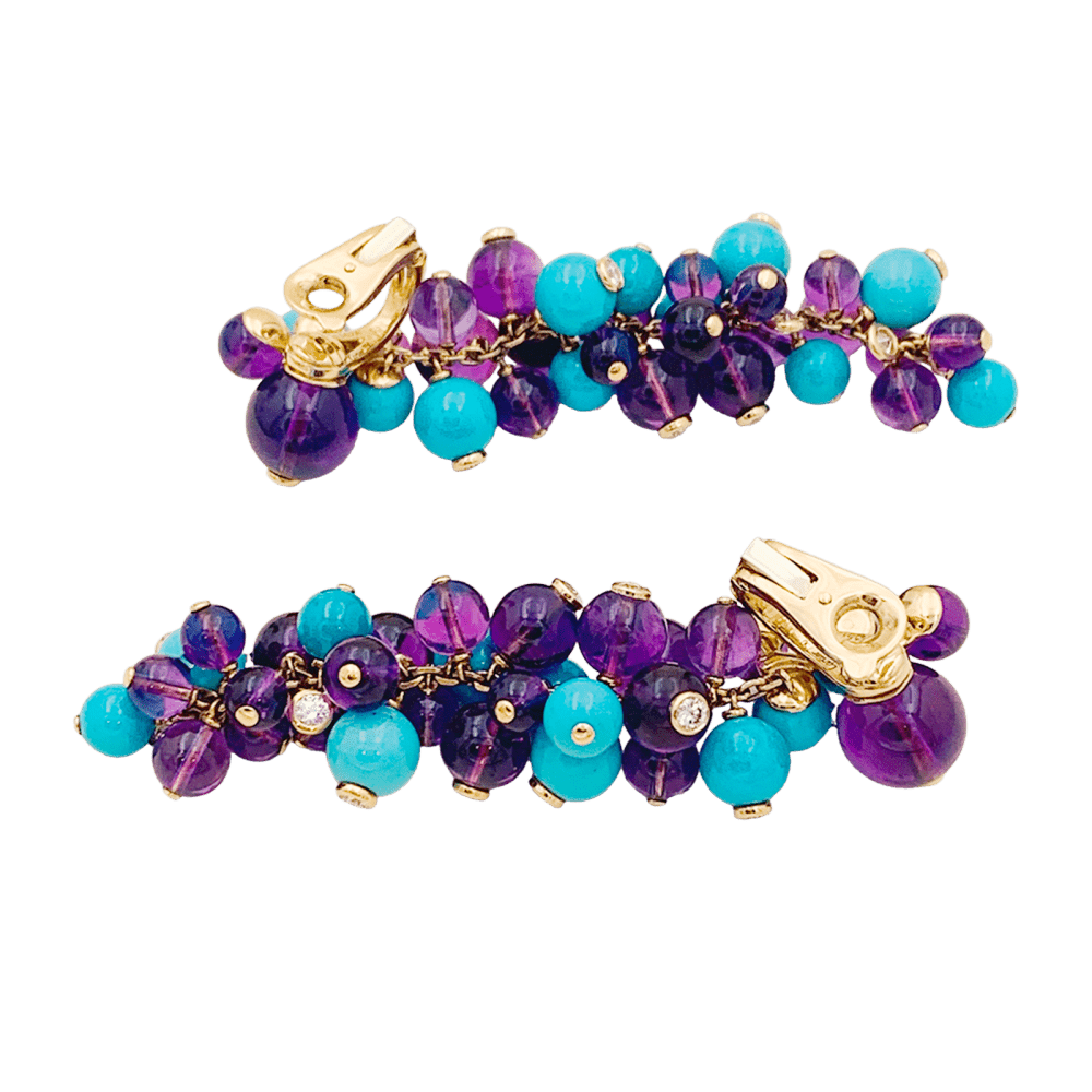 Boucles d'oreilles Cartier, "Délices de Goa", or rose, améthystes, turquoises et diamants. - Maison Eloe