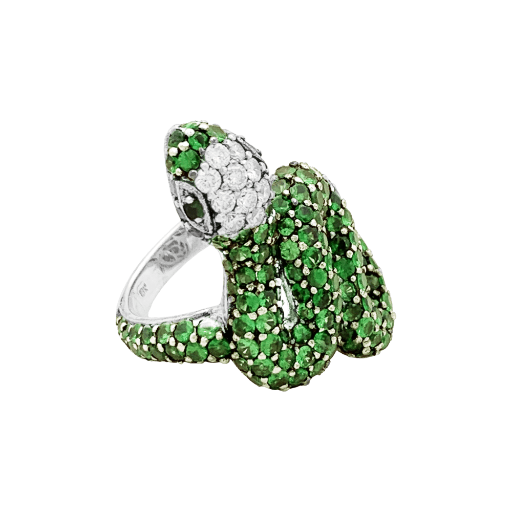 Bague Serpent, or blanc, or noirci, tsavorites et diamants.