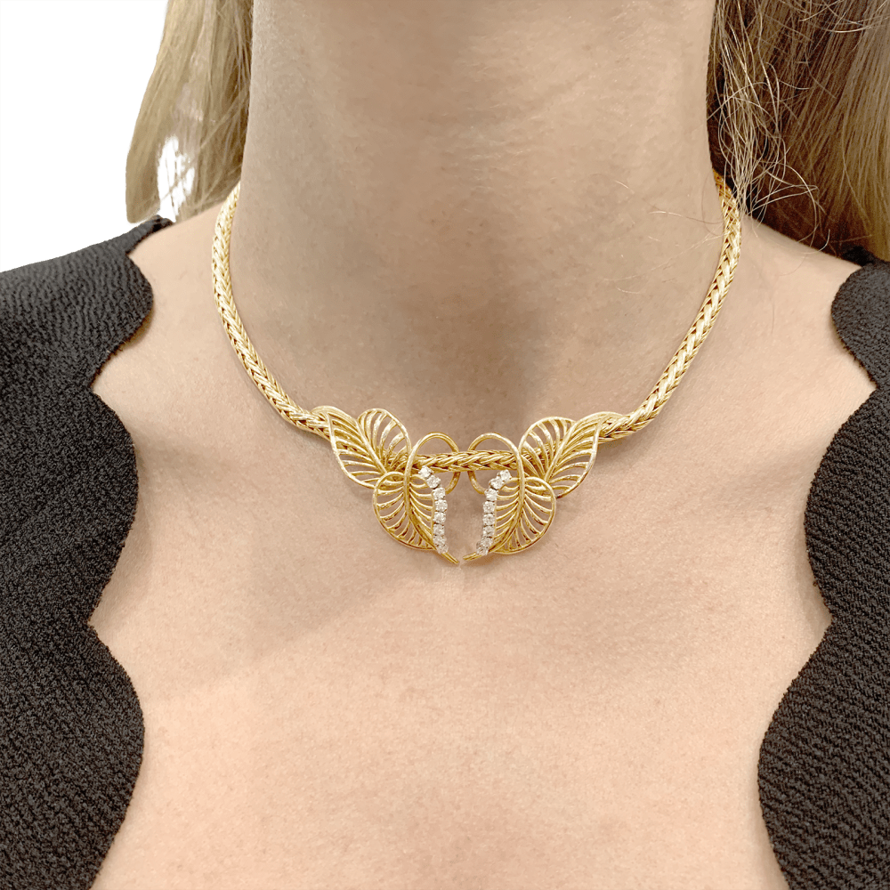 Collier "feuillages" or jaune et diamants. - Maison Eloe