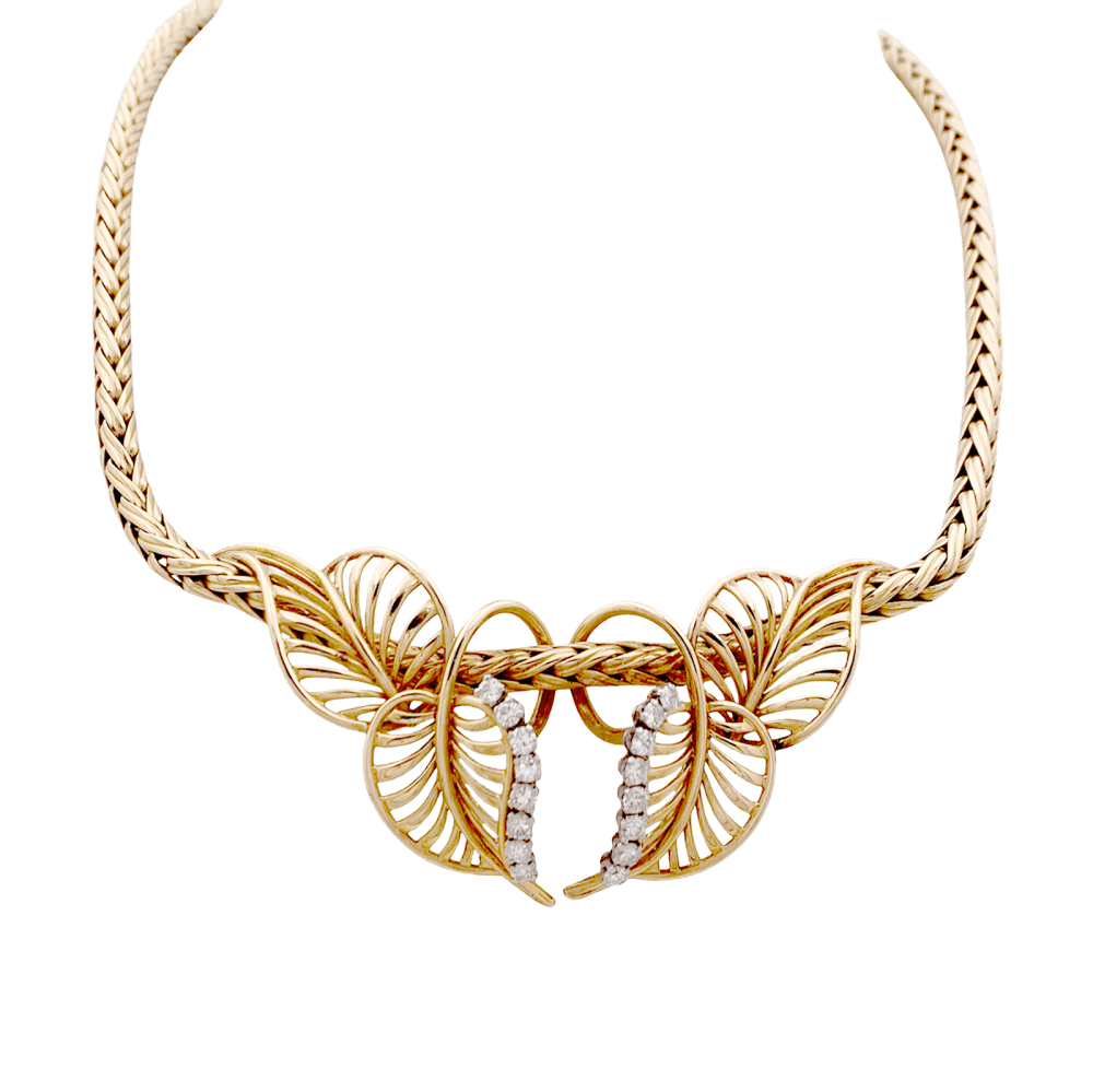 Collier "feuillages" or jaune et diamants.