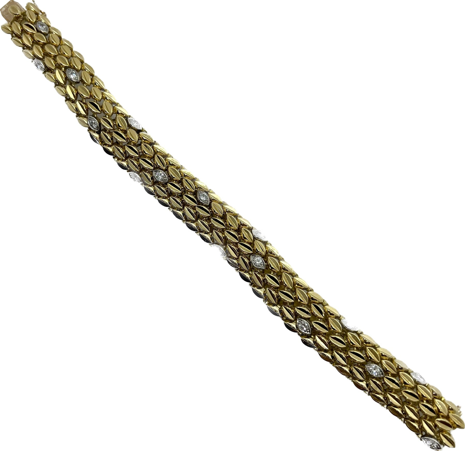 Bracelet maille grain de café or jaune 18K, platine et diamants.