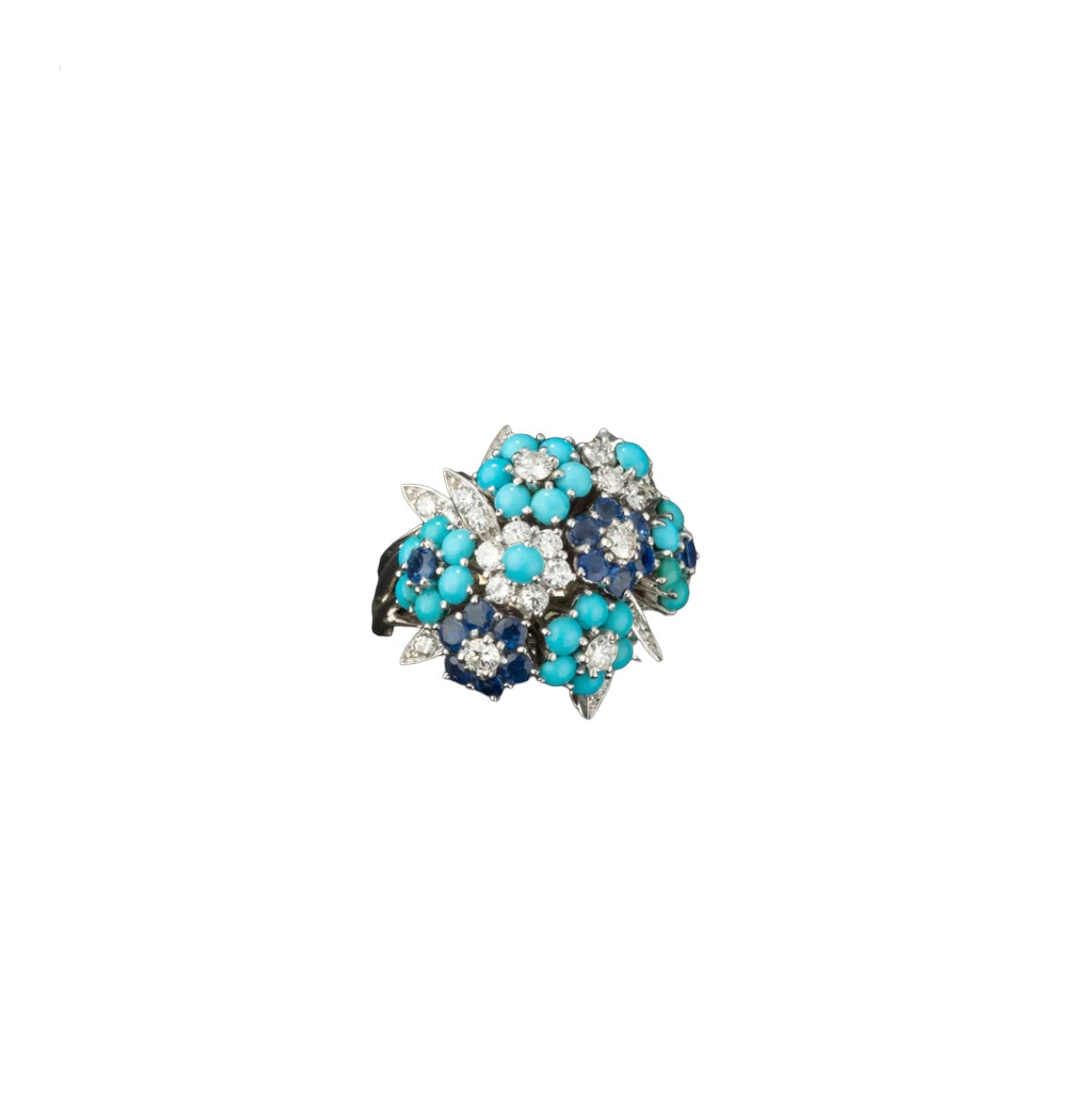 Bague bouquet en or et platine sertie de diamants, turquoises et saphirs. Alfred HANNE