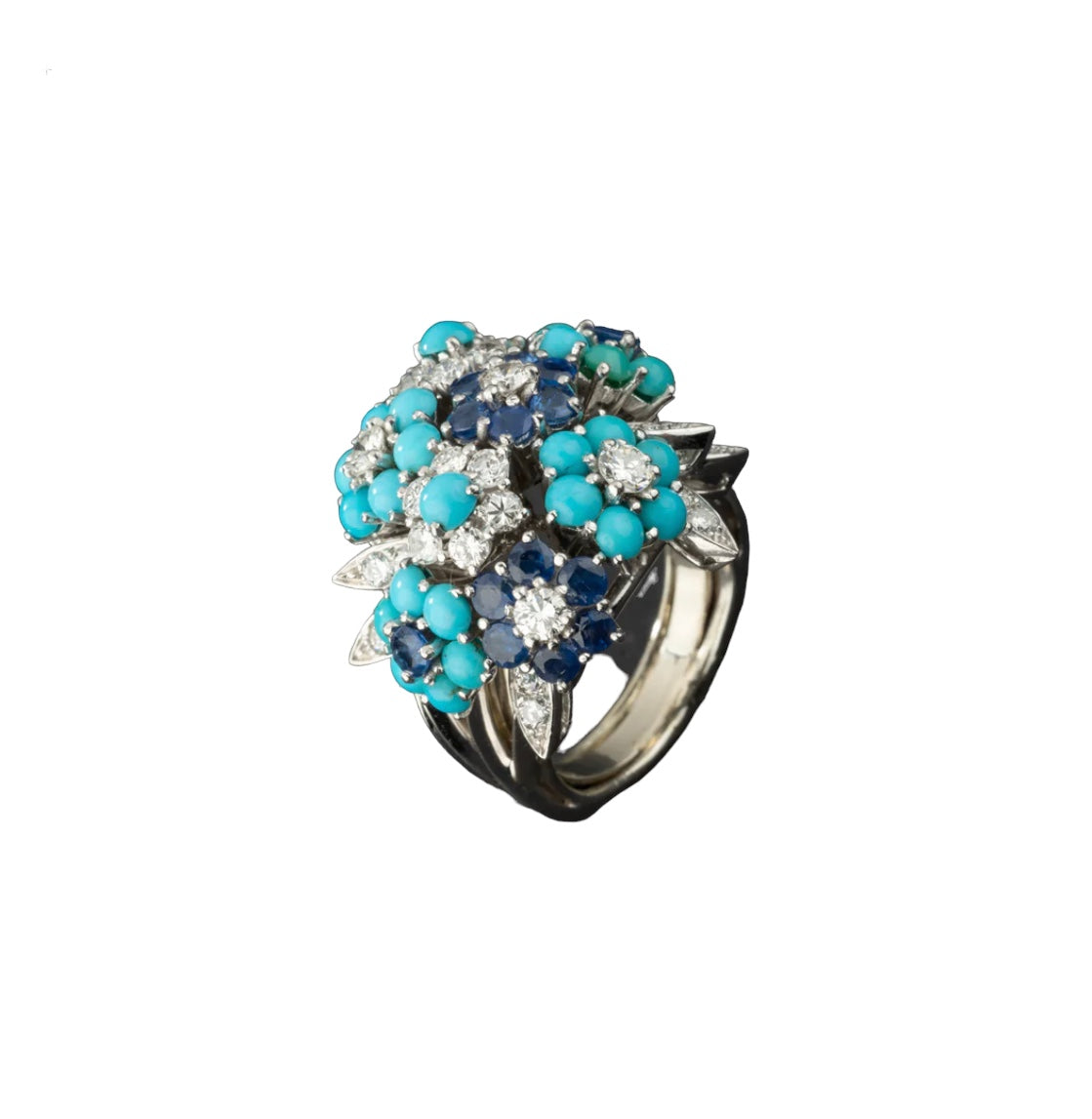 Bague bouquet en or et platine sertie de diamants, turquoises et saphirs. Alfred HANNE