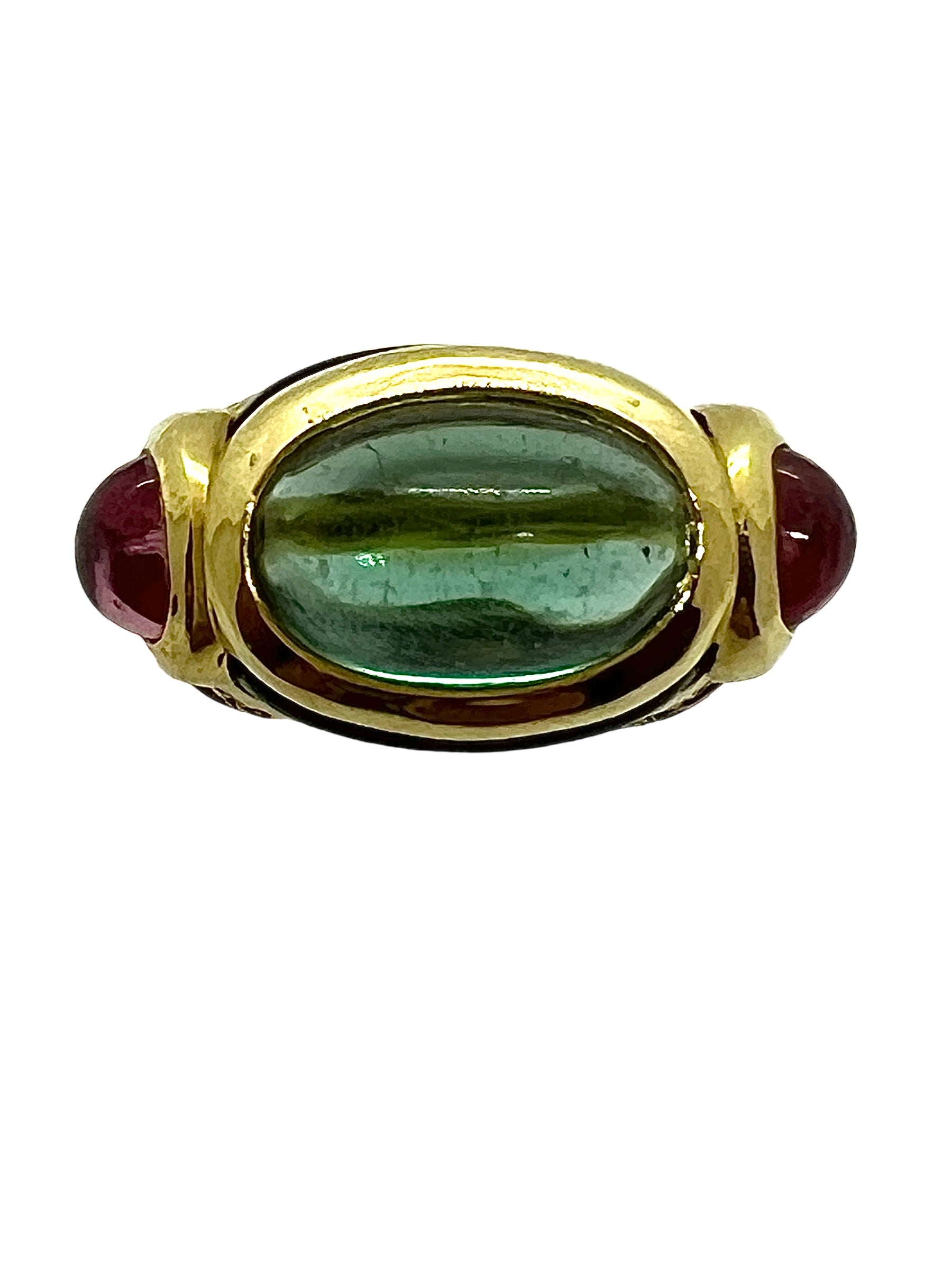 Marina B, bague en or 18K, Tourmaline verte, Tormaline rose, Diamants et Onyx.