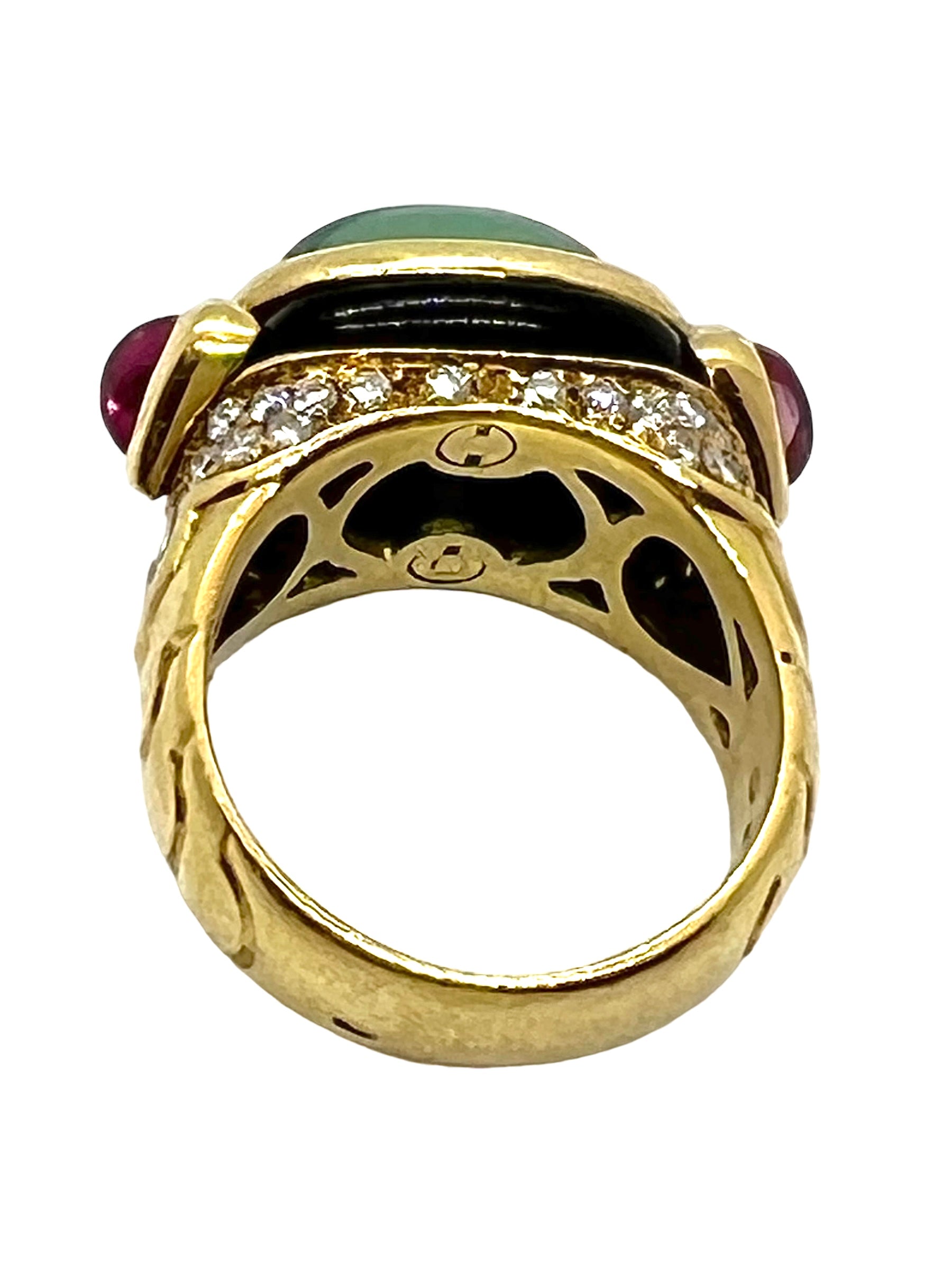 Marina B, 18K gold ring, Green Tourmaline, Pink Tourmaline, Diamonds and Onyx.