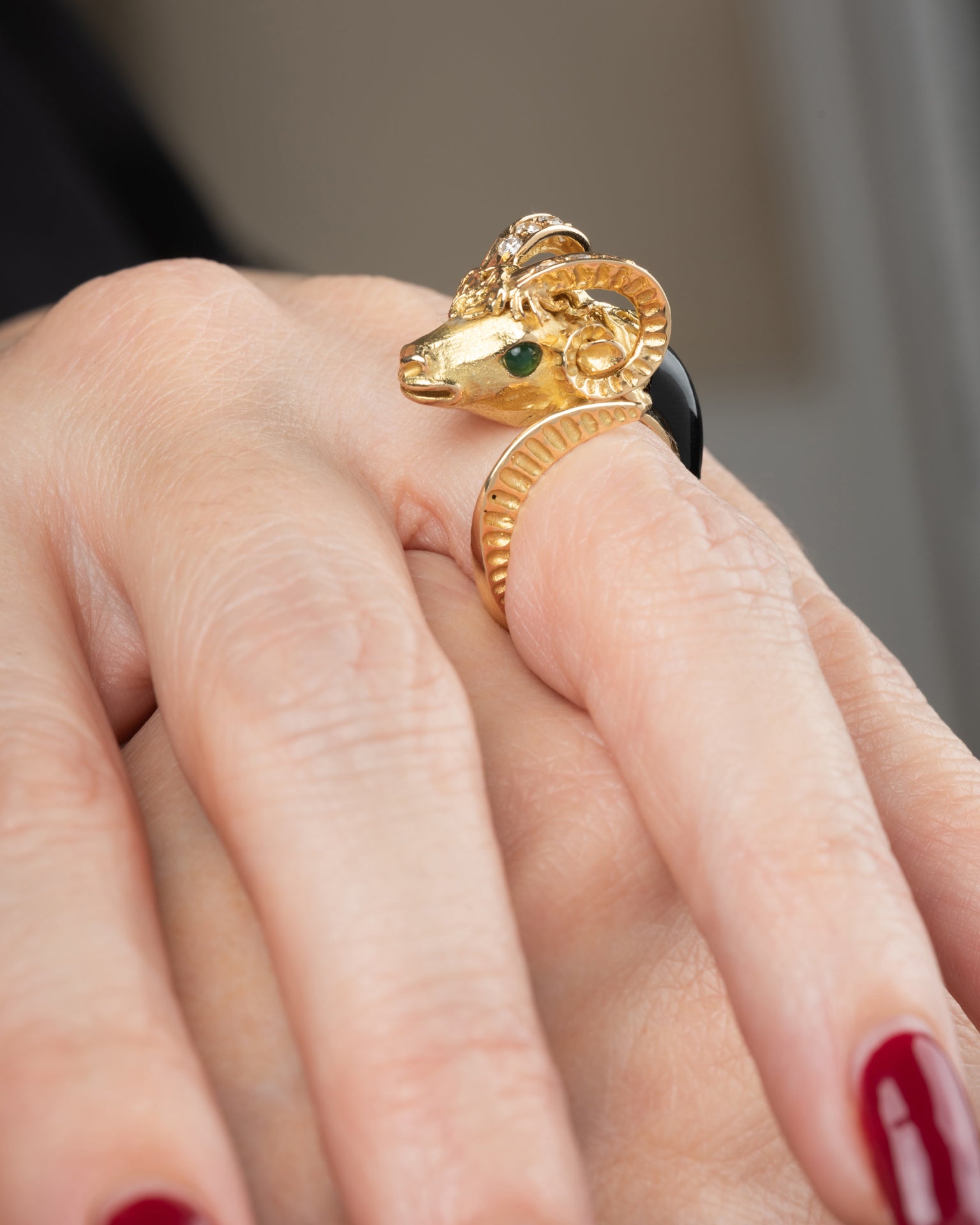 Pierre and Jean Bellin, Ram's Head Ring, Chiseled Gold, Onyx, Diamonds and Chrysoprase