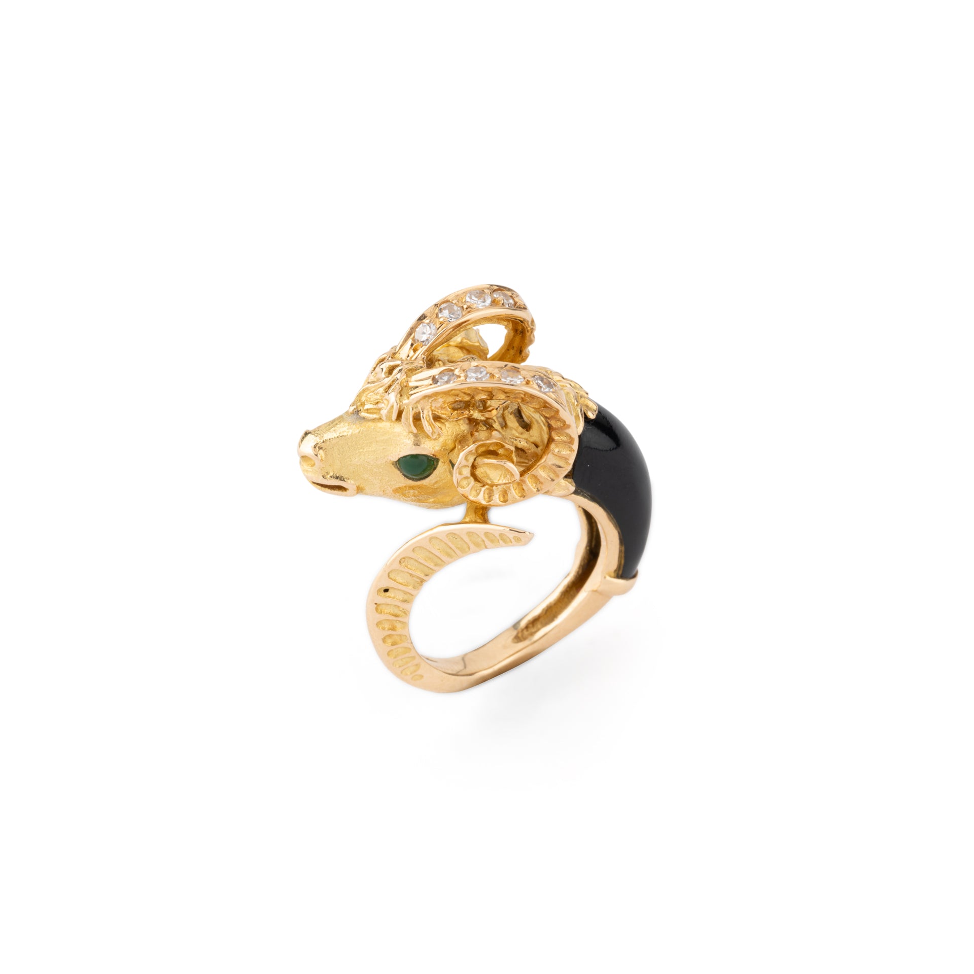 Pierre and Jean Bellin, Ram's Head Ring, Chiseled Gold, Onyx, Diamonds and Chrysoprase