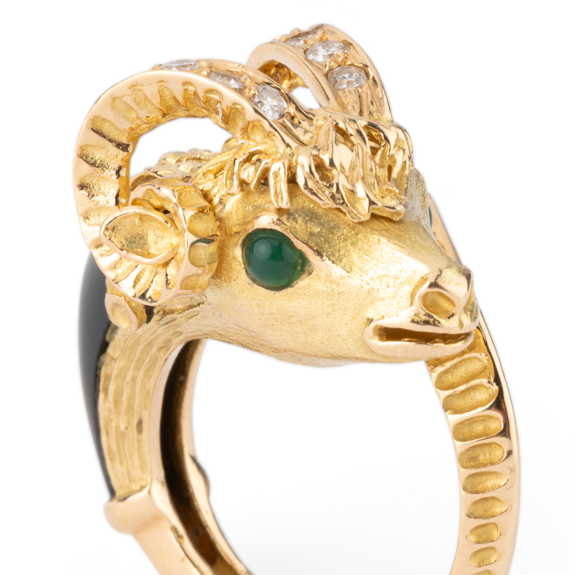 Pierre and Jean Bellin, Ram's Head Ring, Chiseled Gold, Onyx, Diamonds and Chrysoprase