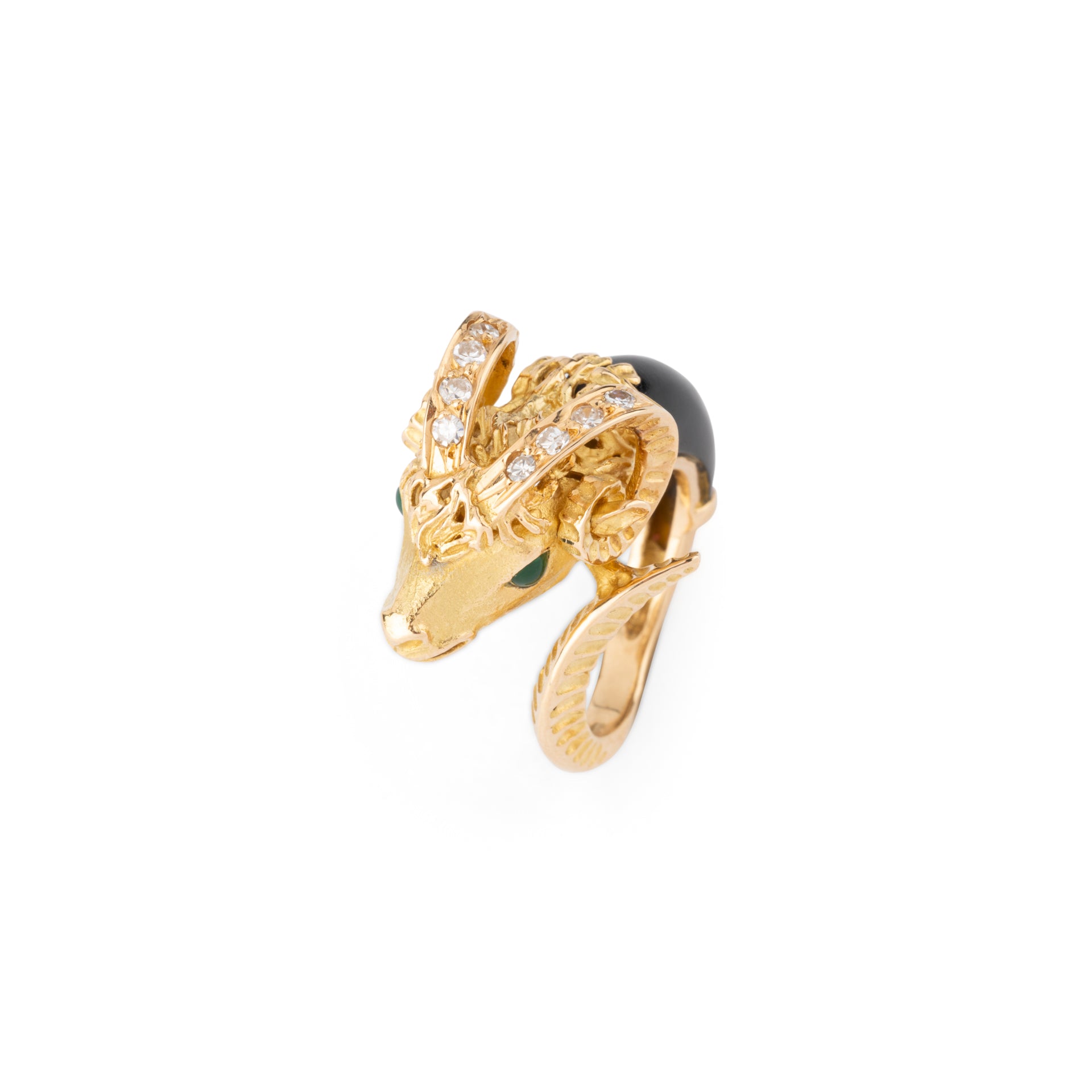 Pierre and Jean Bellin, Ram's Head Ring, Chiseled Gold, Onyx, Diamonds and Chrysoprase