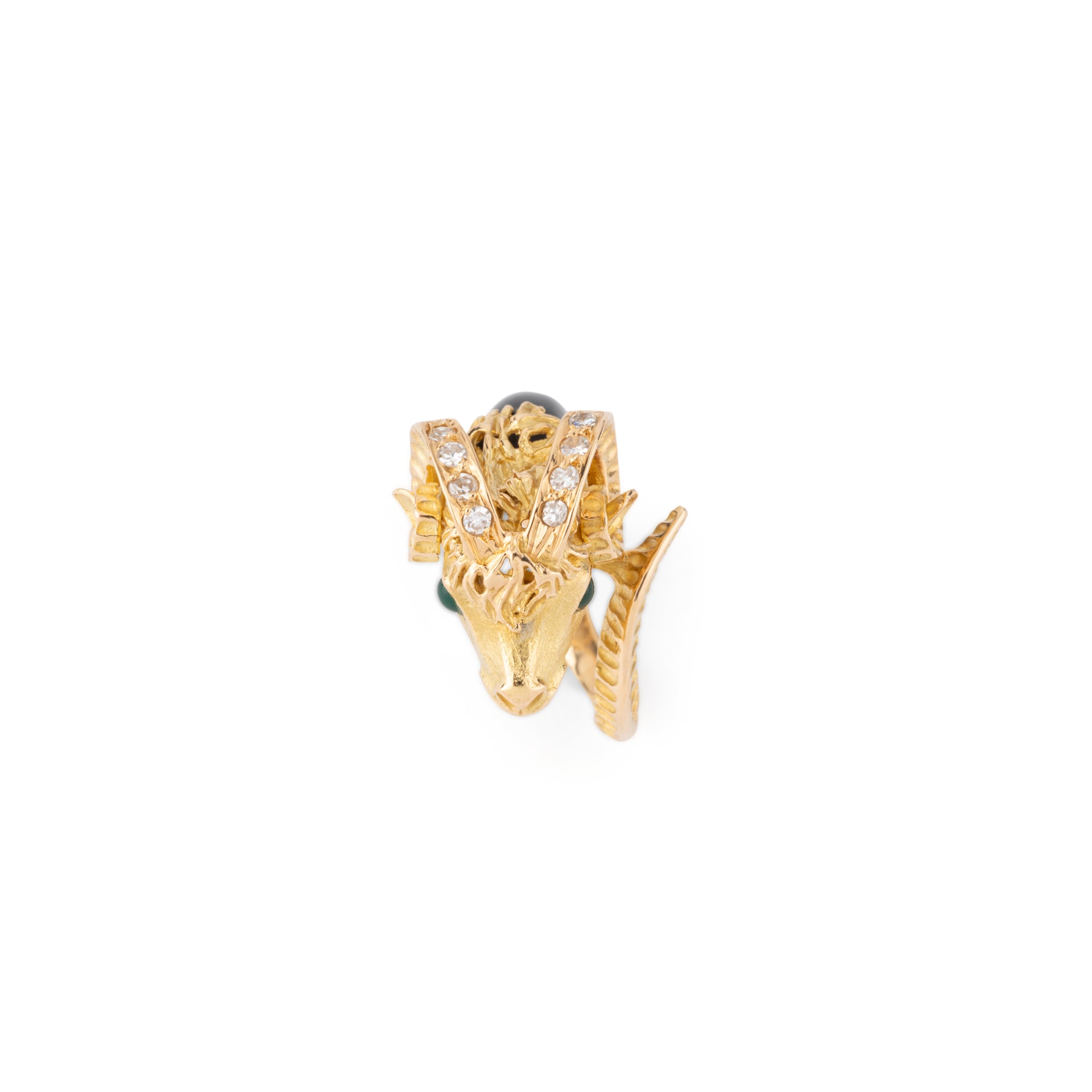 Pierre and Jean Bellin, Ram's Head Ring, Chiseled Gold, Onyx, Diamonds and Chrysoprase