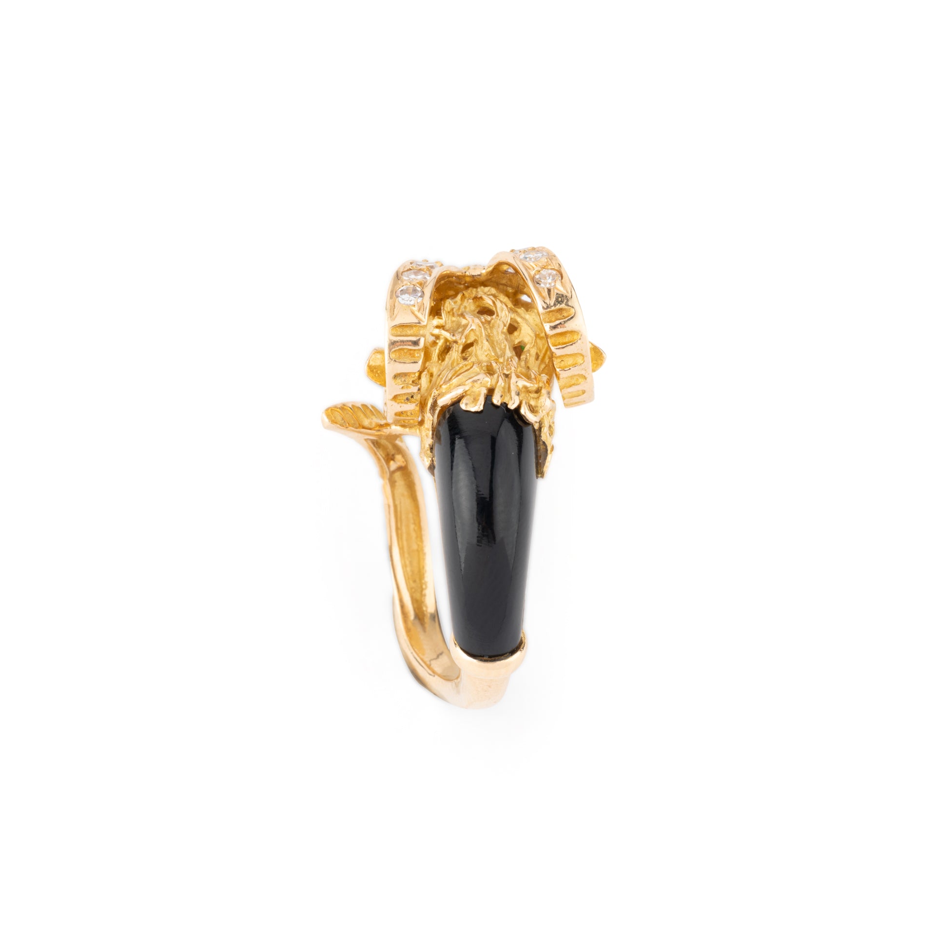 Pierre and Jean Bellin, Ram's Head Ring, Chiseled Gold, Onyx, Diamonds and Chrysoprase