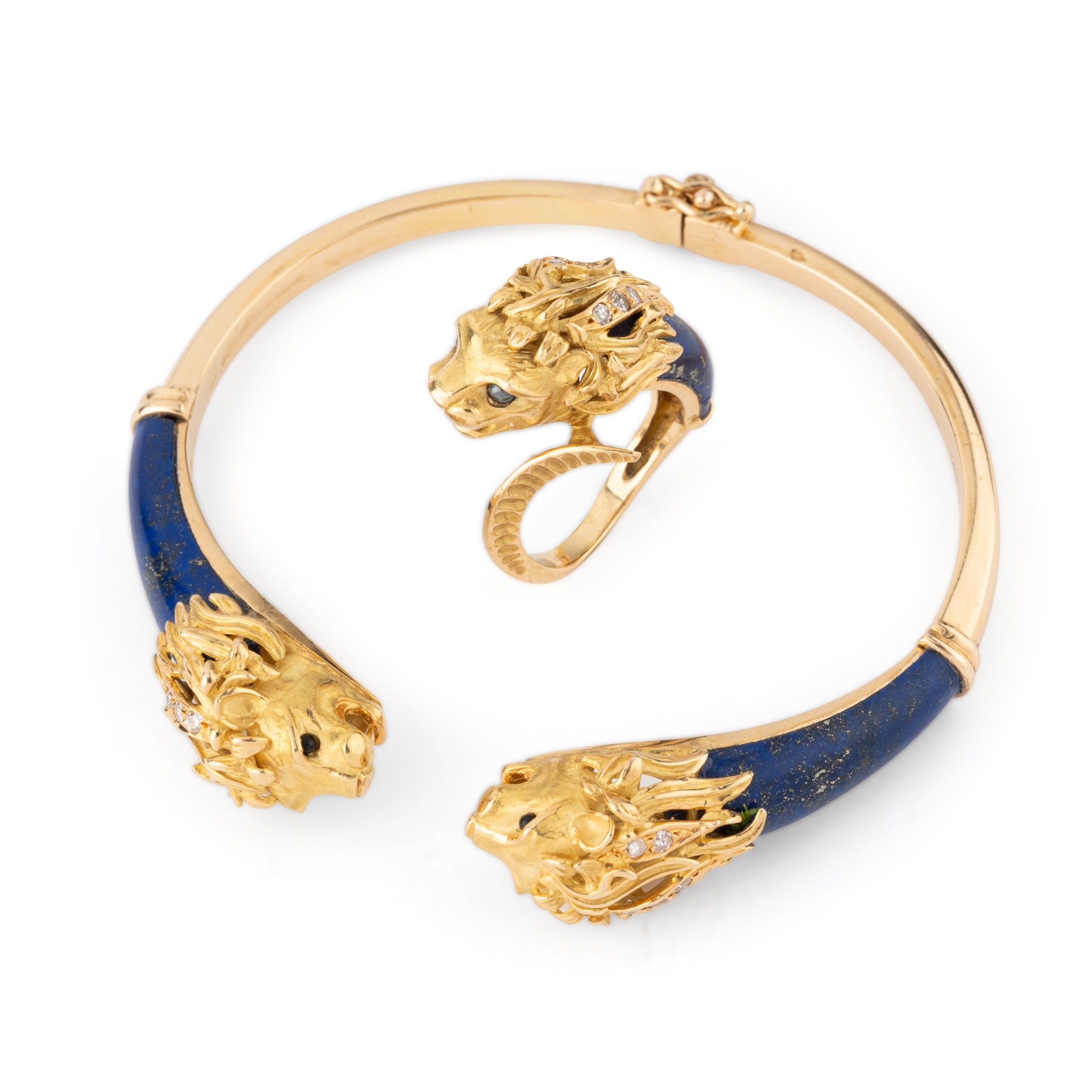 Pierre et Jean Bellin, Bague vintage tête de Lion, Or, Lapis-Lazuli, Diamants