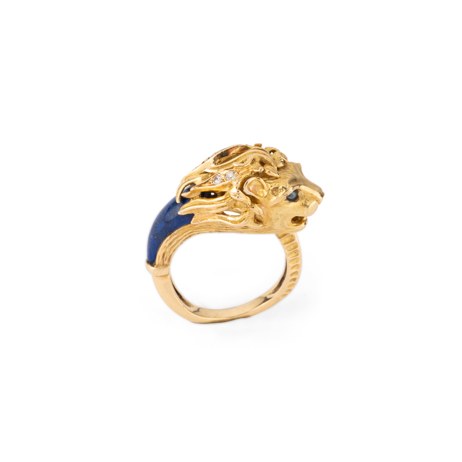 Pierre et Jean Bellin, Bague vintage tête de Lion, Or, Lapis-Lazuli, Diamants