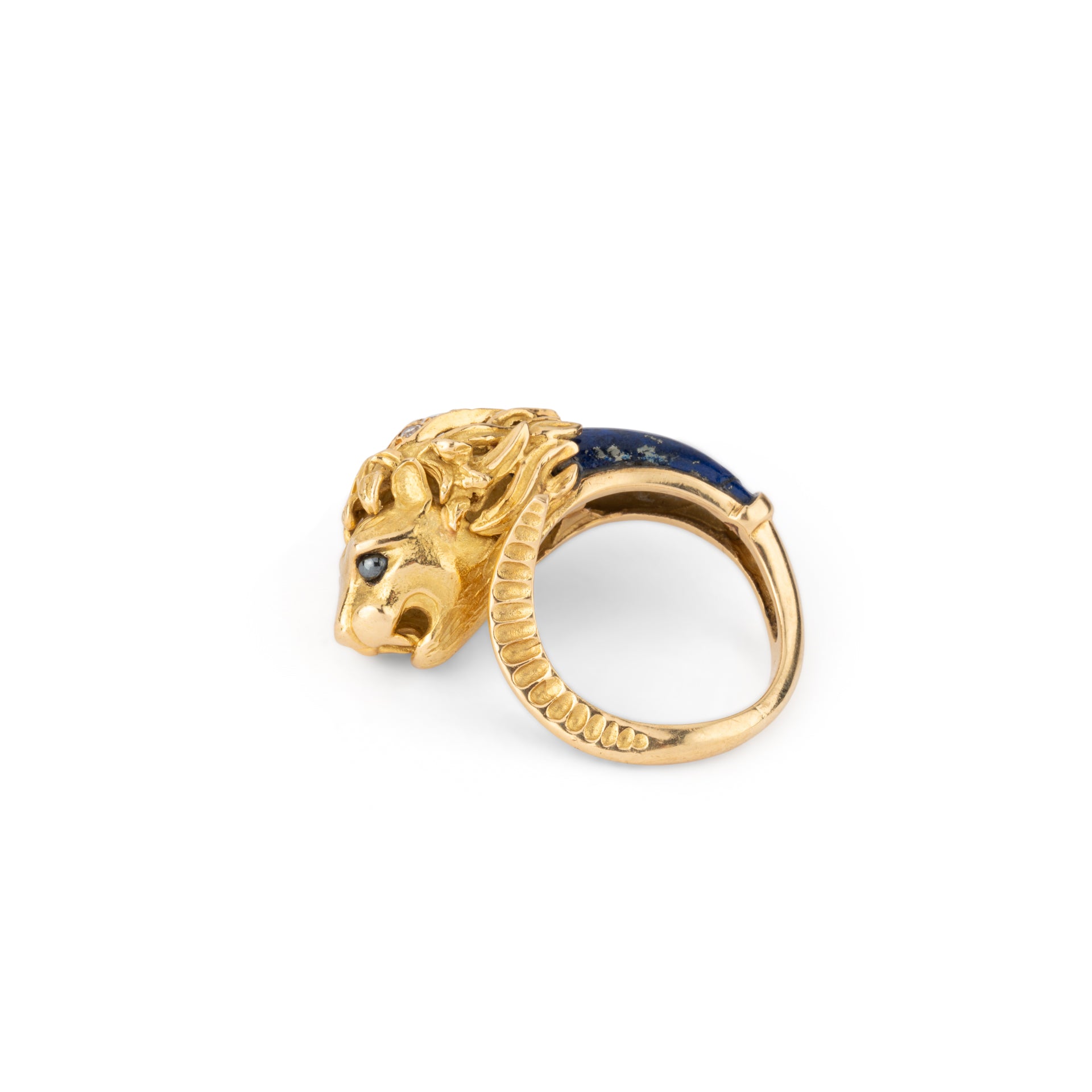 Pierre et Jean Bellin, Bague vintage tête de Lion, Or, Lapis-Lazuli, Diamants
