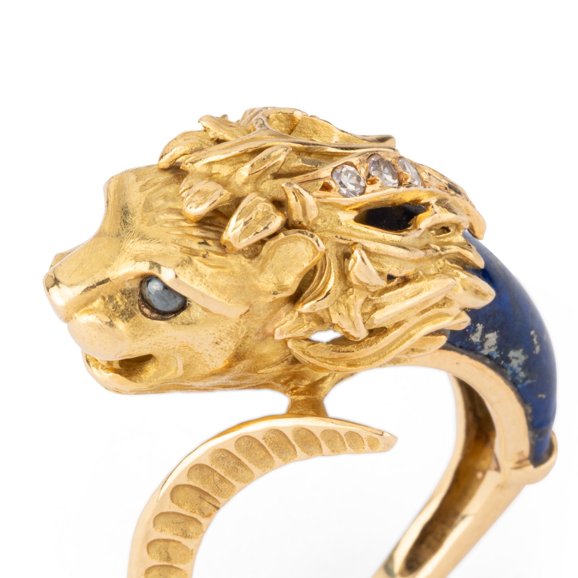 Pierre et Jean Bellin, Bague vintage tête de Lion, Or, Lapis-Lazuli, Diamants