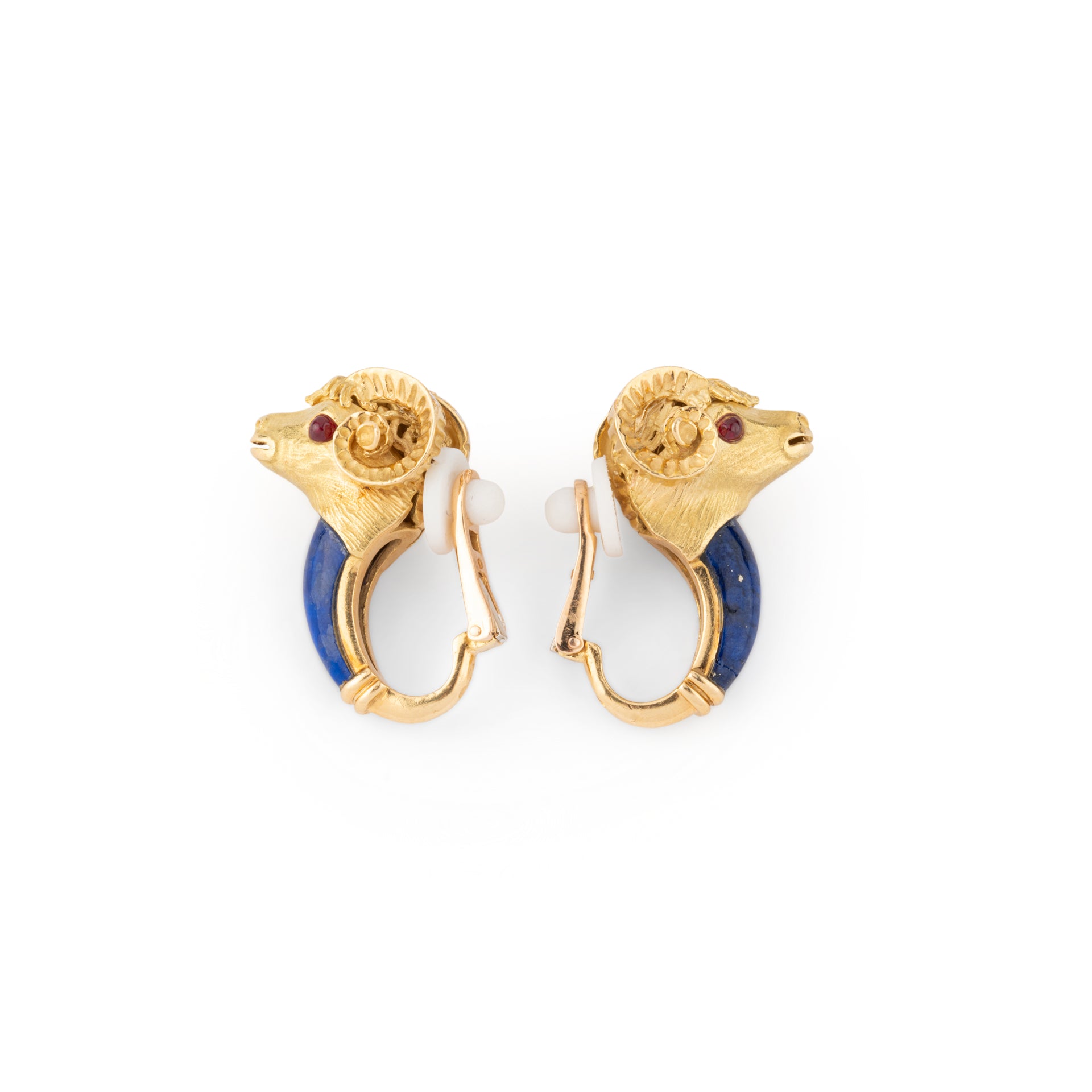 Pierre and Jean Bellin, Ram's head earrings, Gold, Lapis Lazuli and rubies