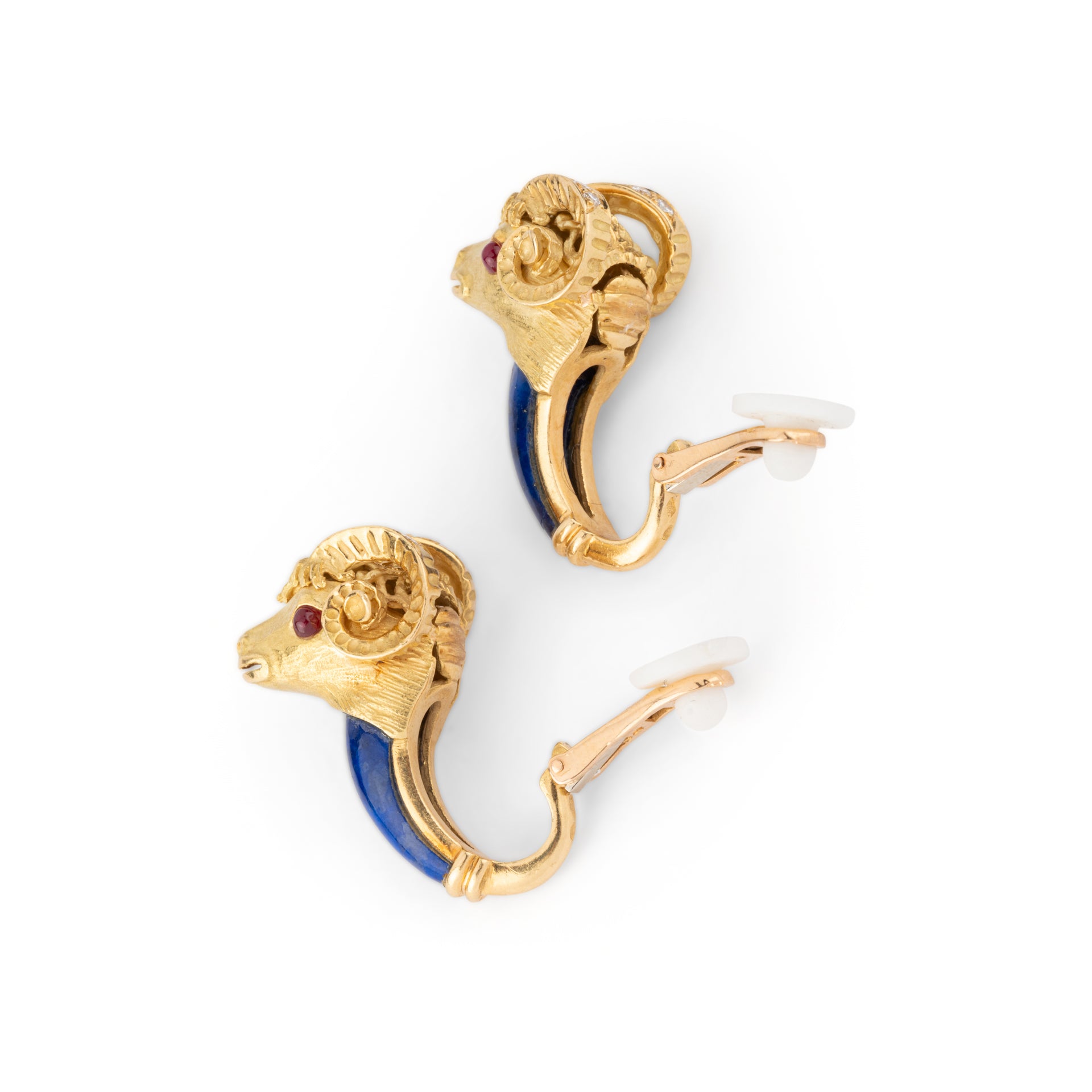 Pierre and Jean Bellin, Ram's head earrings, Gold, Lapis Lazuli and rubies