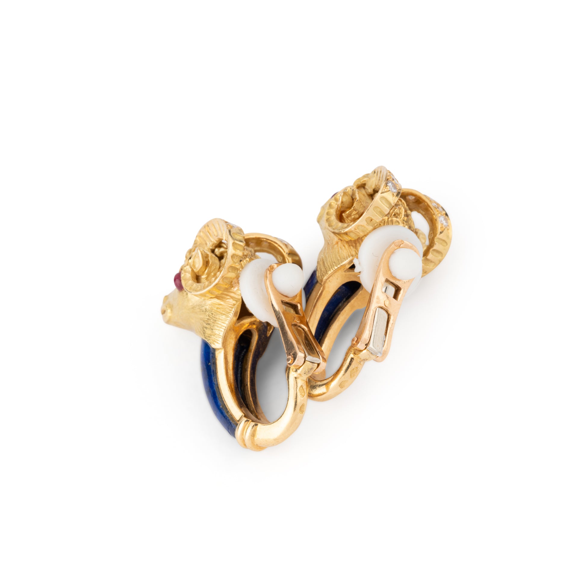Pierre and Jean Bellin, Ram's head earrings, Gold, Lapis Lazuli and rubies