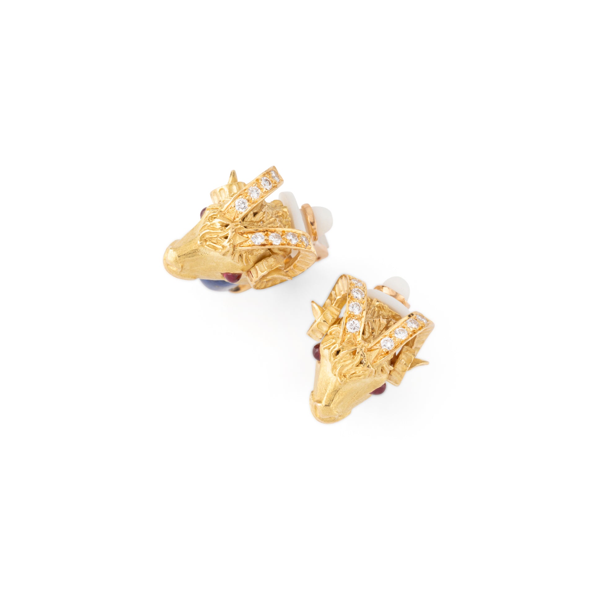 Pierre and Jean Bellin, Ram's head earrings, Gold, Lapis Lazuli and rubies