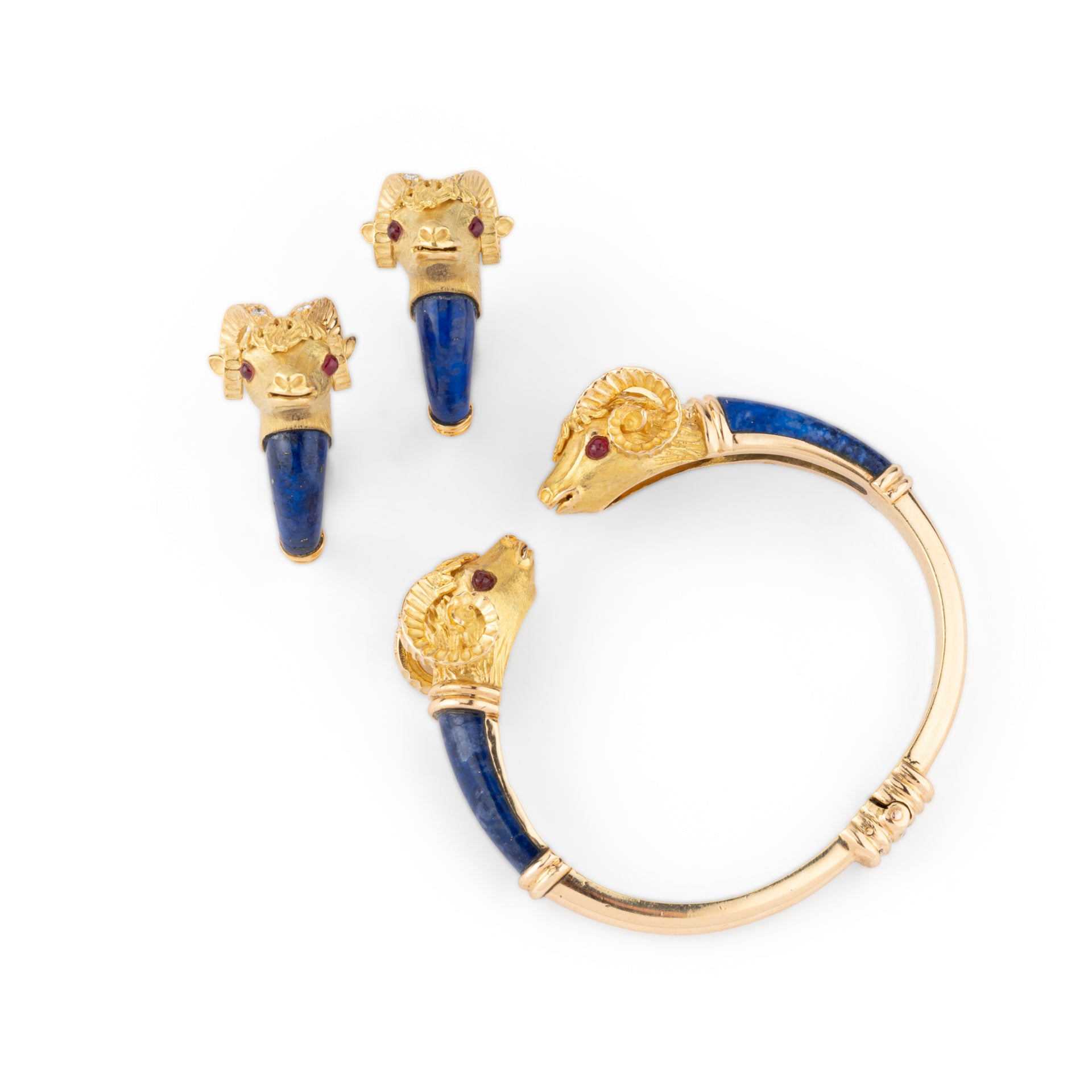 Pierre and Jean Bellin, Ram's head earrings, Gold, Lapis Lazuli and rubies