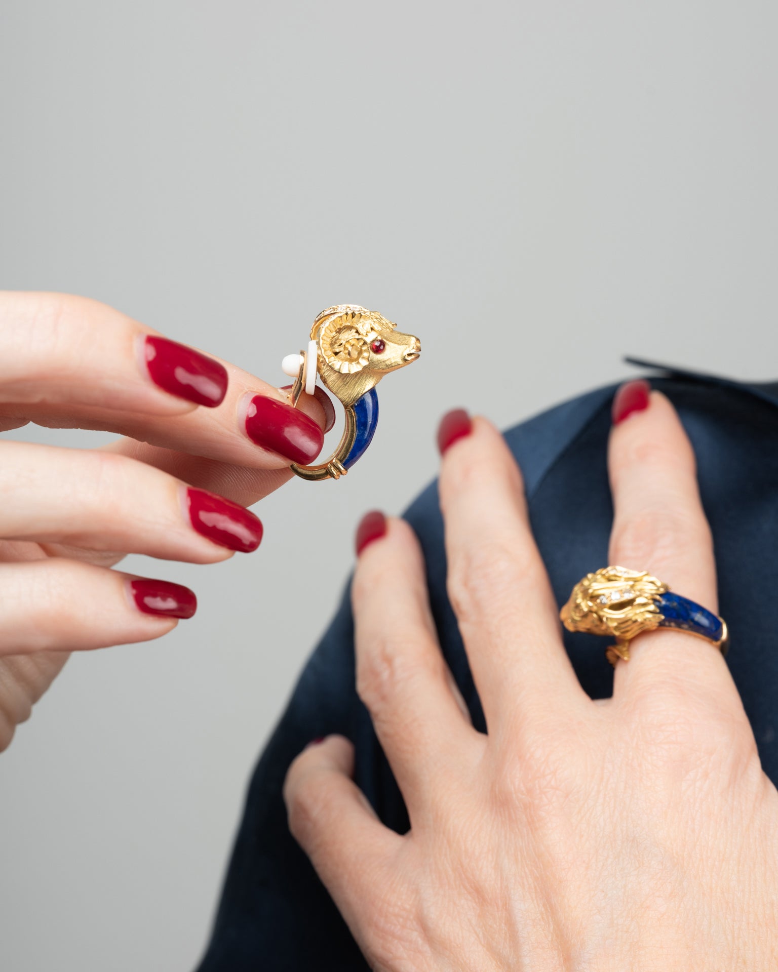 Pierre and Jean Bellin, Ram's head earrings, Gold, Lapis Lazuli and rubies