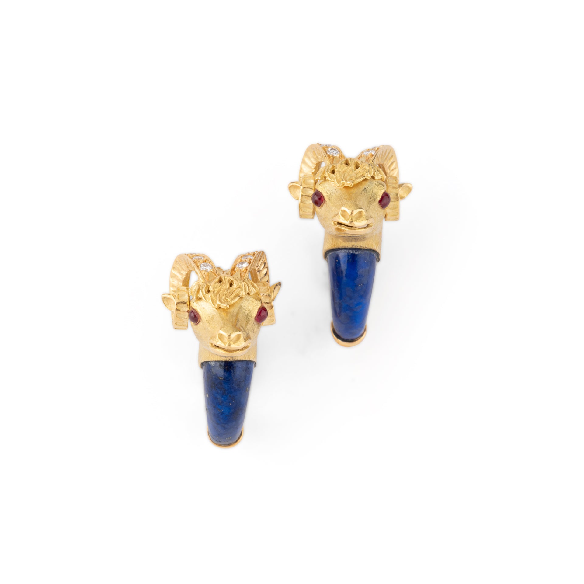 Pierre and Jean Bellin, Ram's head earrings, Gold, Lapis Lazuli and rubies