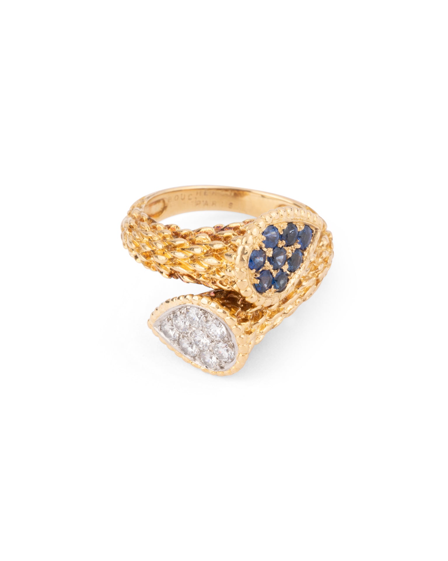Boucheron, vintage "Serpent Bohème" ring in yellow gold, sapphires and diamonds