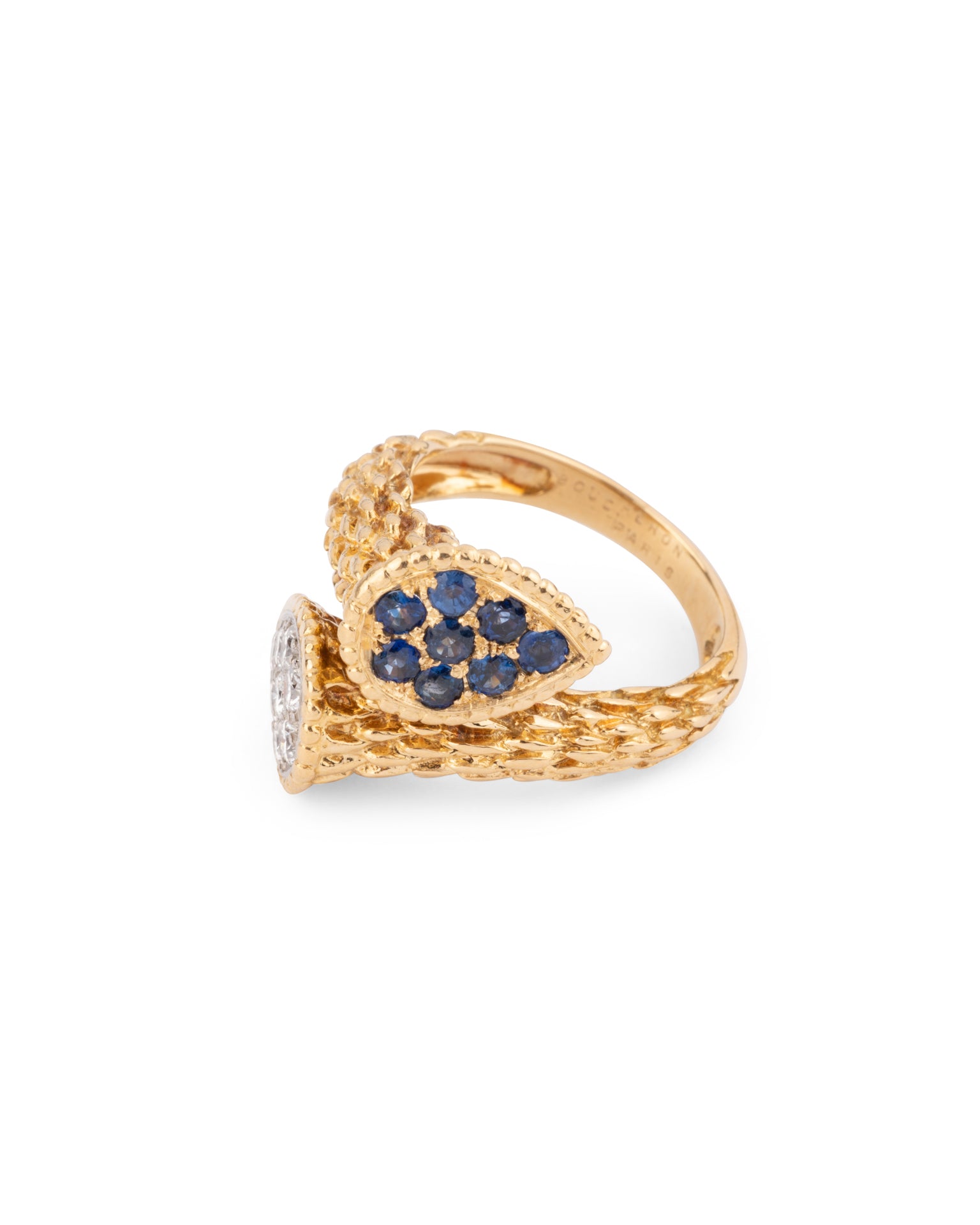 Boucheron, vintage "Serpent Bohème" ring in yellow gold, sapphires and diamonds