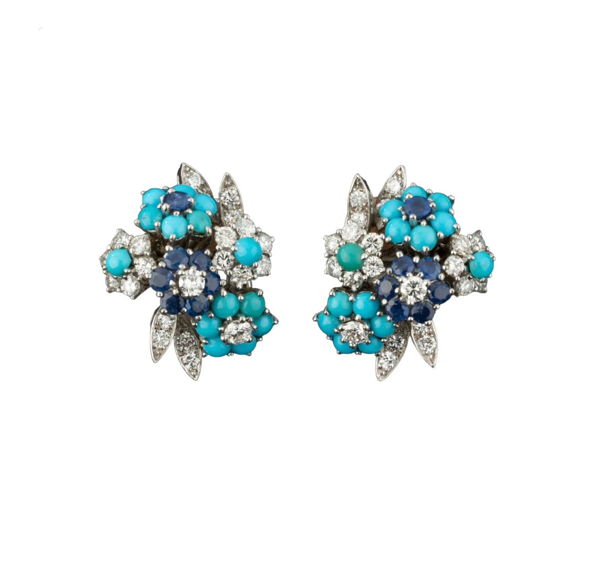 Boucles d'oreilles en or et platine sertie de diamants, turquoises et Saphirs  Alfred HANNE