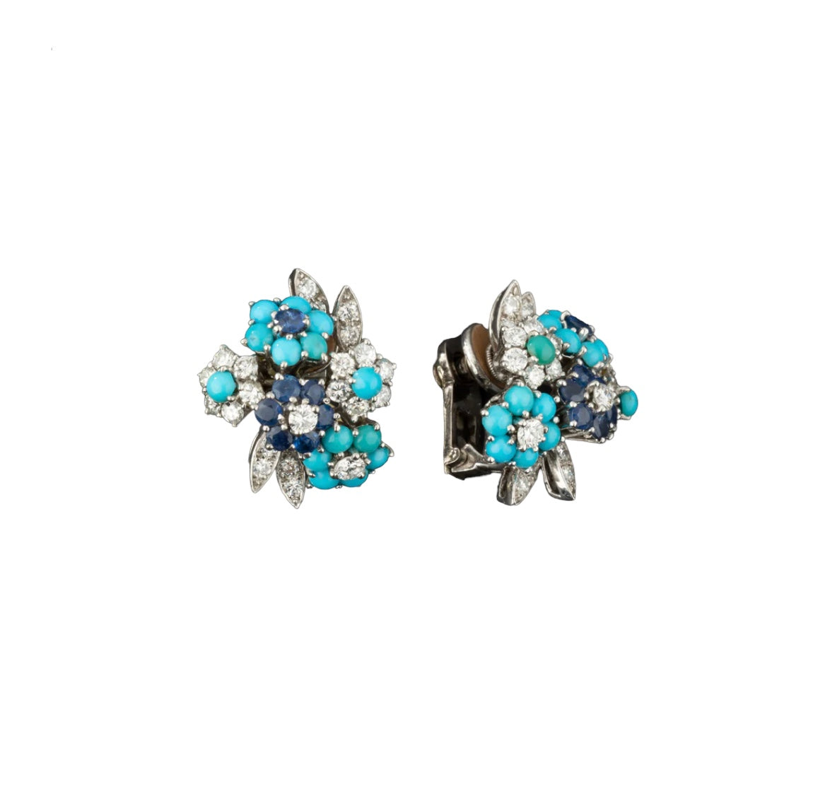 Boucles d'oreilles en or et platine sertie de diamants, turquoises et Saphirs  Alfred HANNE