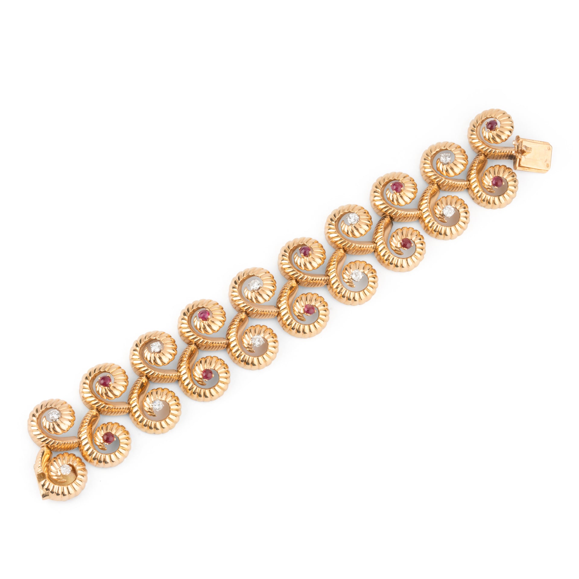 18K gold ruby and diamond bracelet with master's hallmark and eagle's head.
