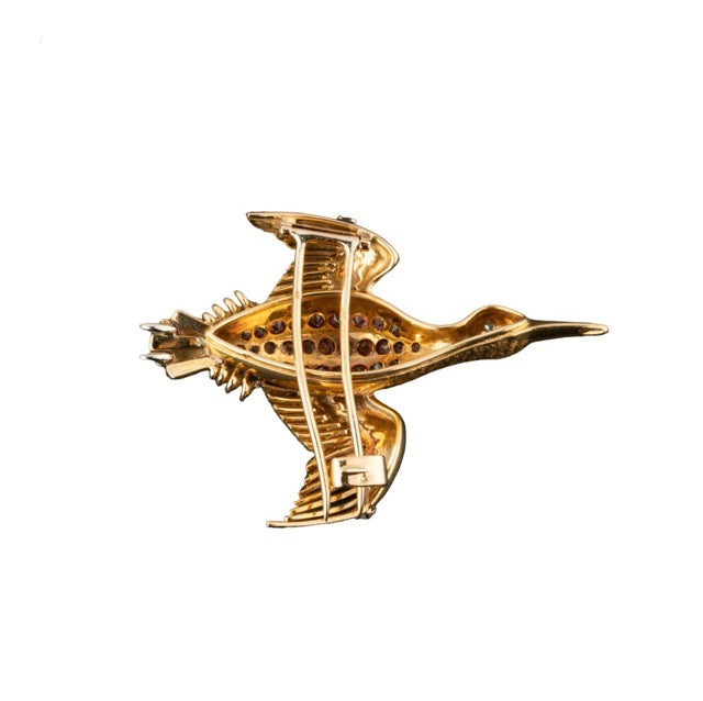 Hermes vintage, Bird brooch, Yellow gold Tourmaline