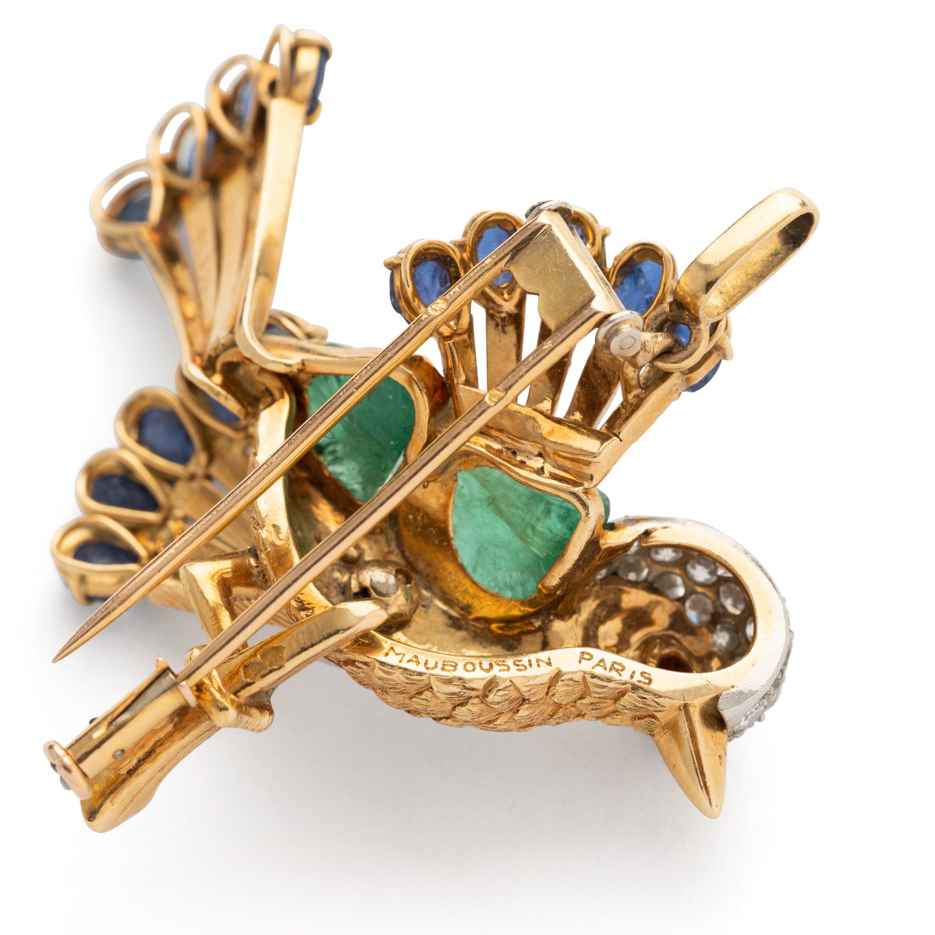 Mauboussin Paris "trendy bird" brooch, in yellow gold, platinum, emerald, sapphire, ruby and diamonds
