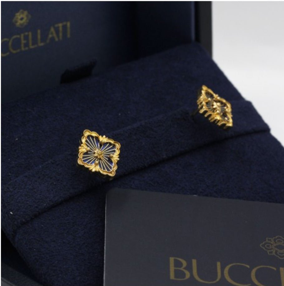 Buccellati boucles d'oreilles "Opéra Tulle" or jaune et émail bleu - Maison Eloe