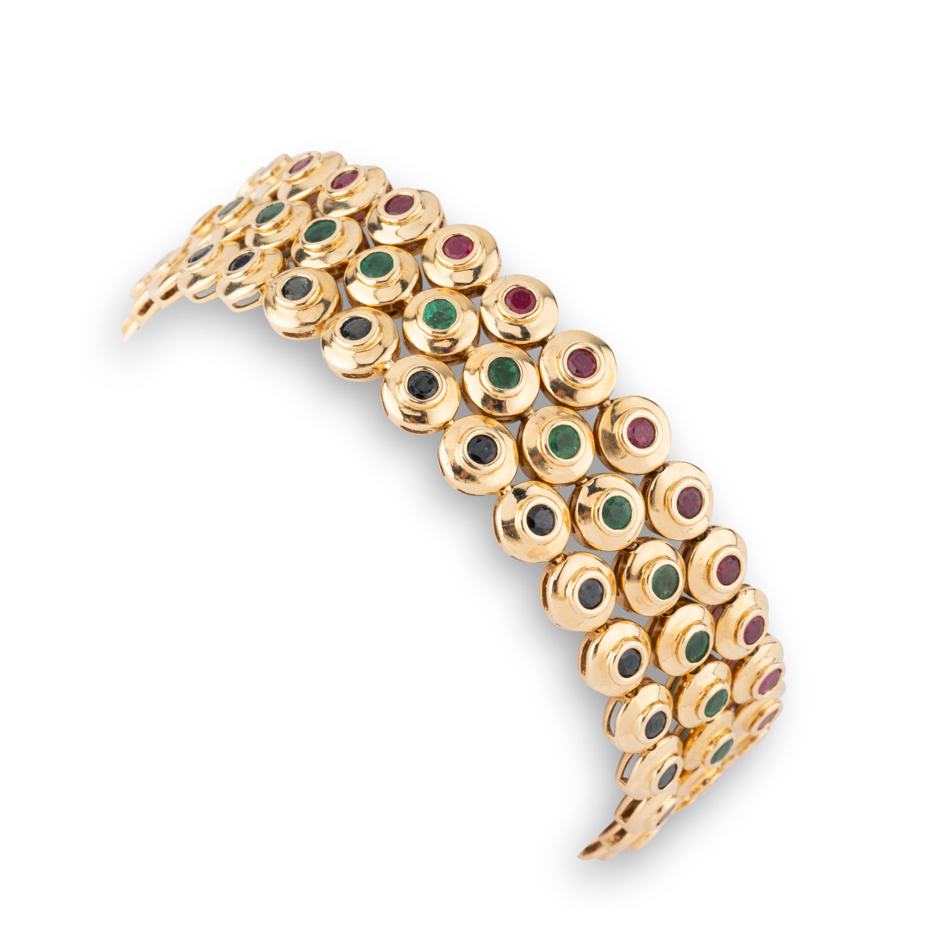Bücherer, trois Bracelets, Or, Emeraudes, Saphirs