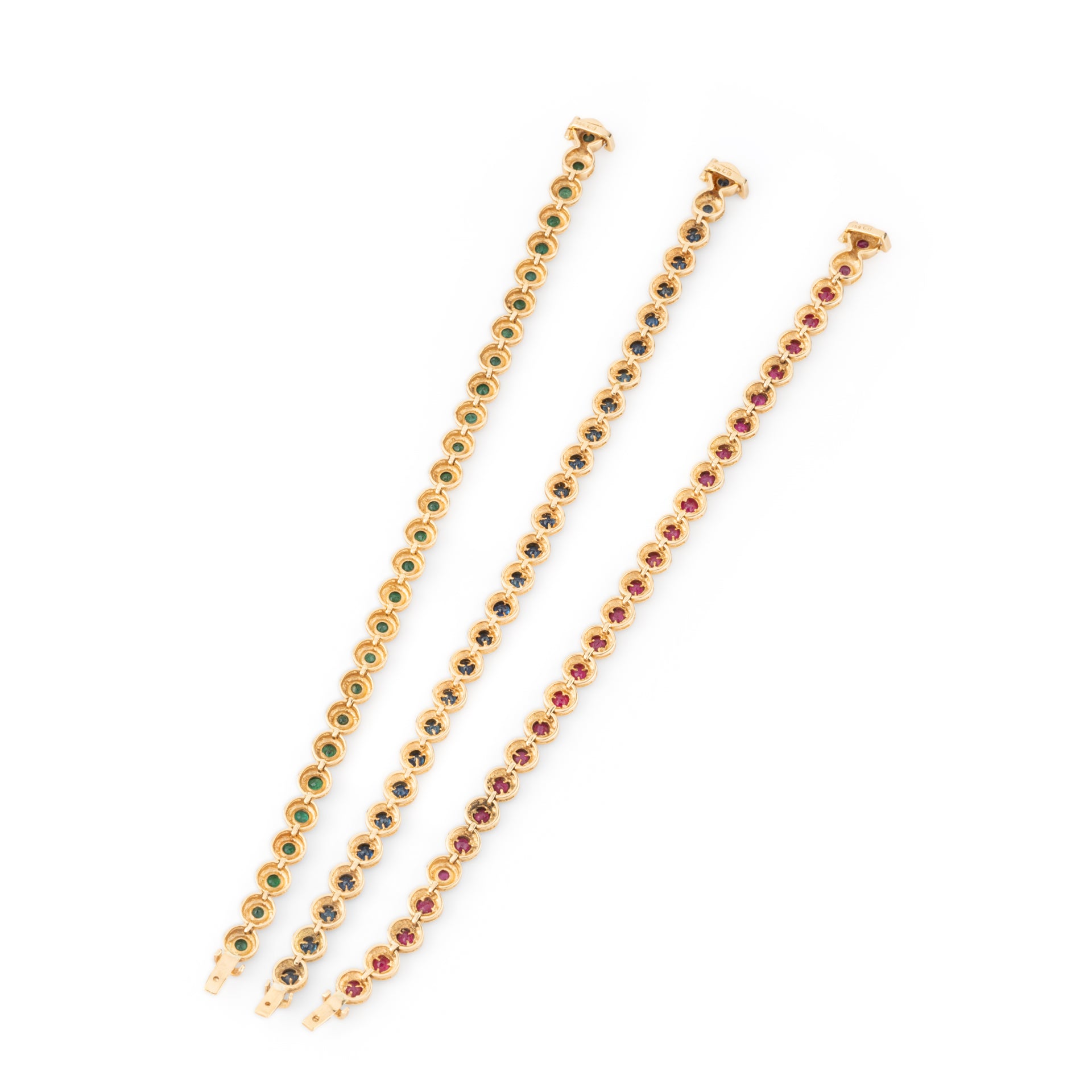 Bücherer, trois Bracelets, Or, Emeraudes, Saphirs