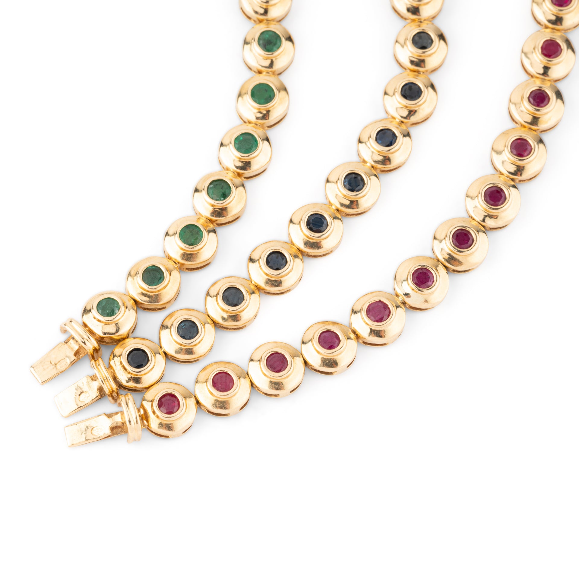 Bücherer, trois Bracelets, Or, Emeraudes, Saphirs