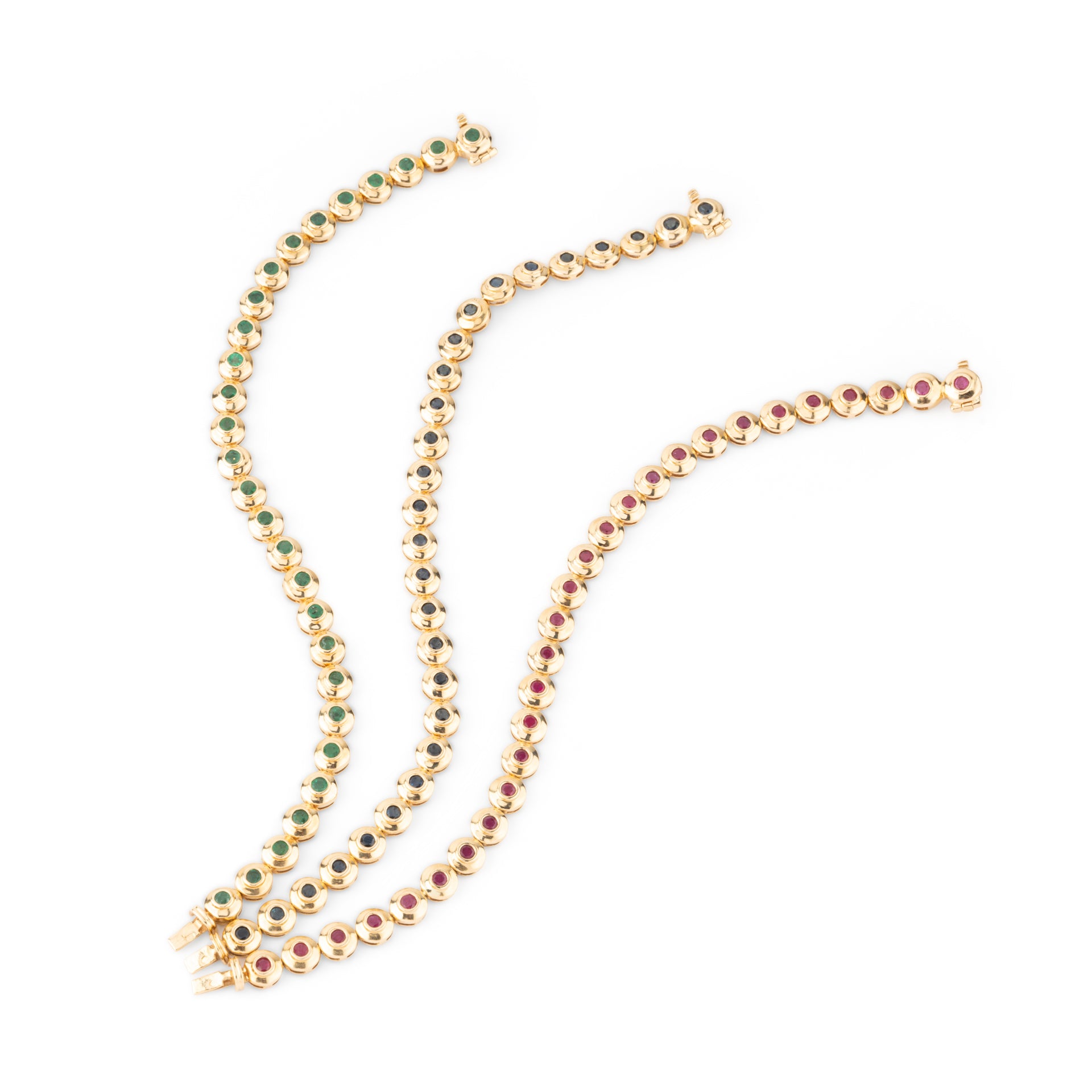 Bücherer, trois Bracelets, Or, Emeraudes, Saphirs