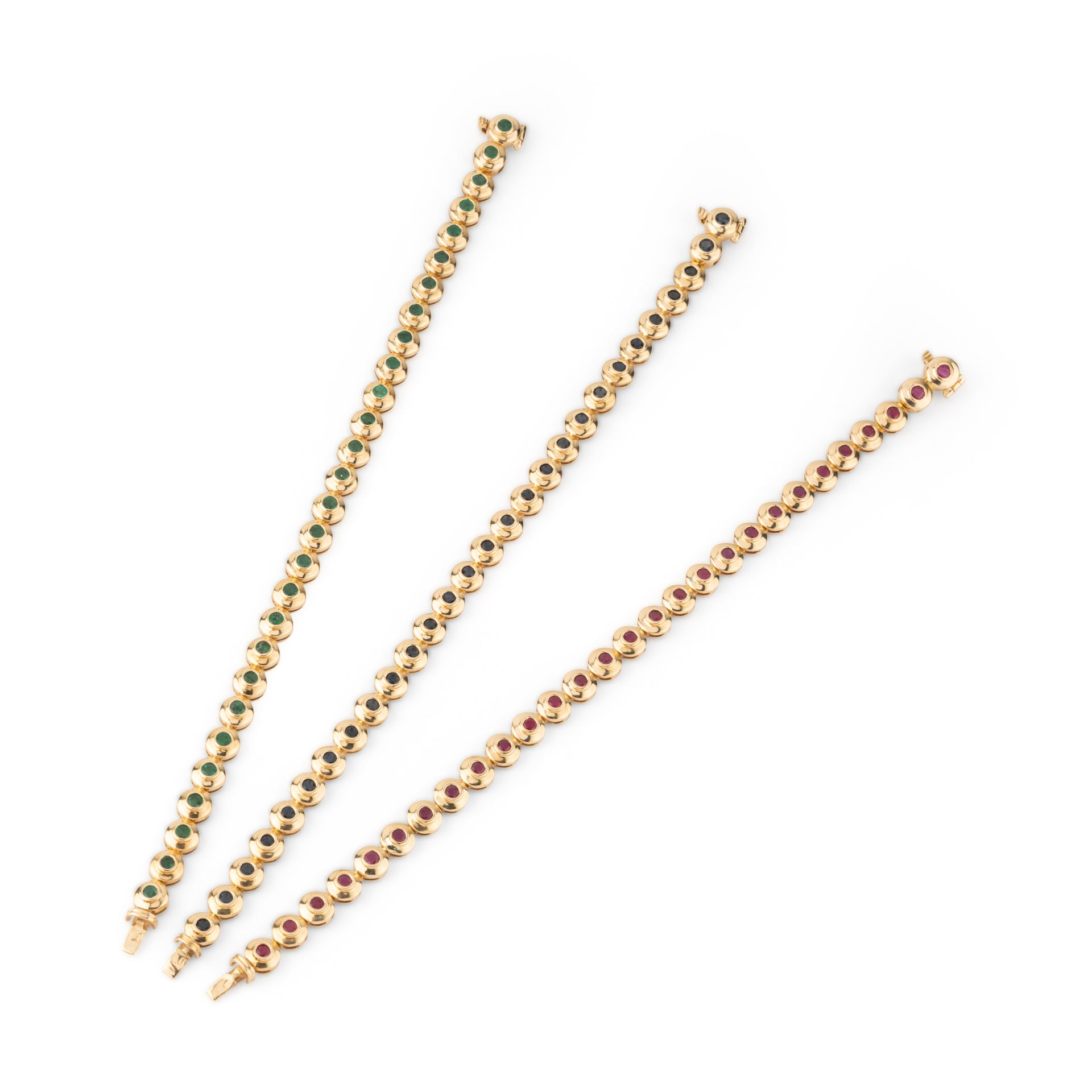 Bücherer, trois Bracelets, Or, Emeraudes, Saphirs