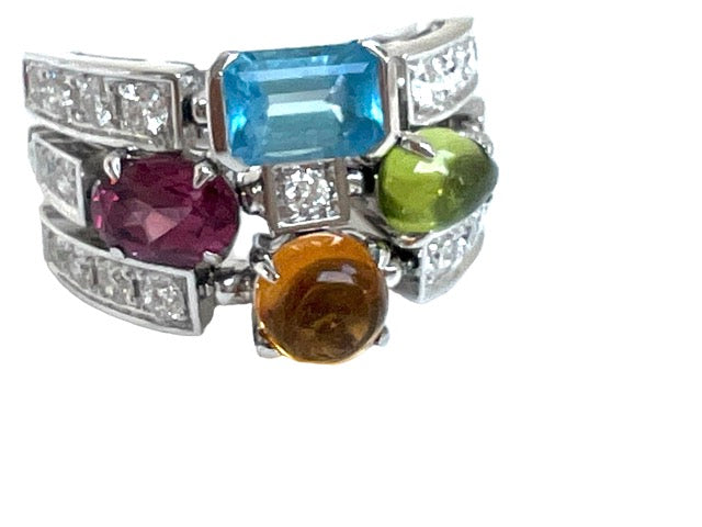 Bulgari bague 3 anneaux Diamants, Pierres de couleur Or Blanc