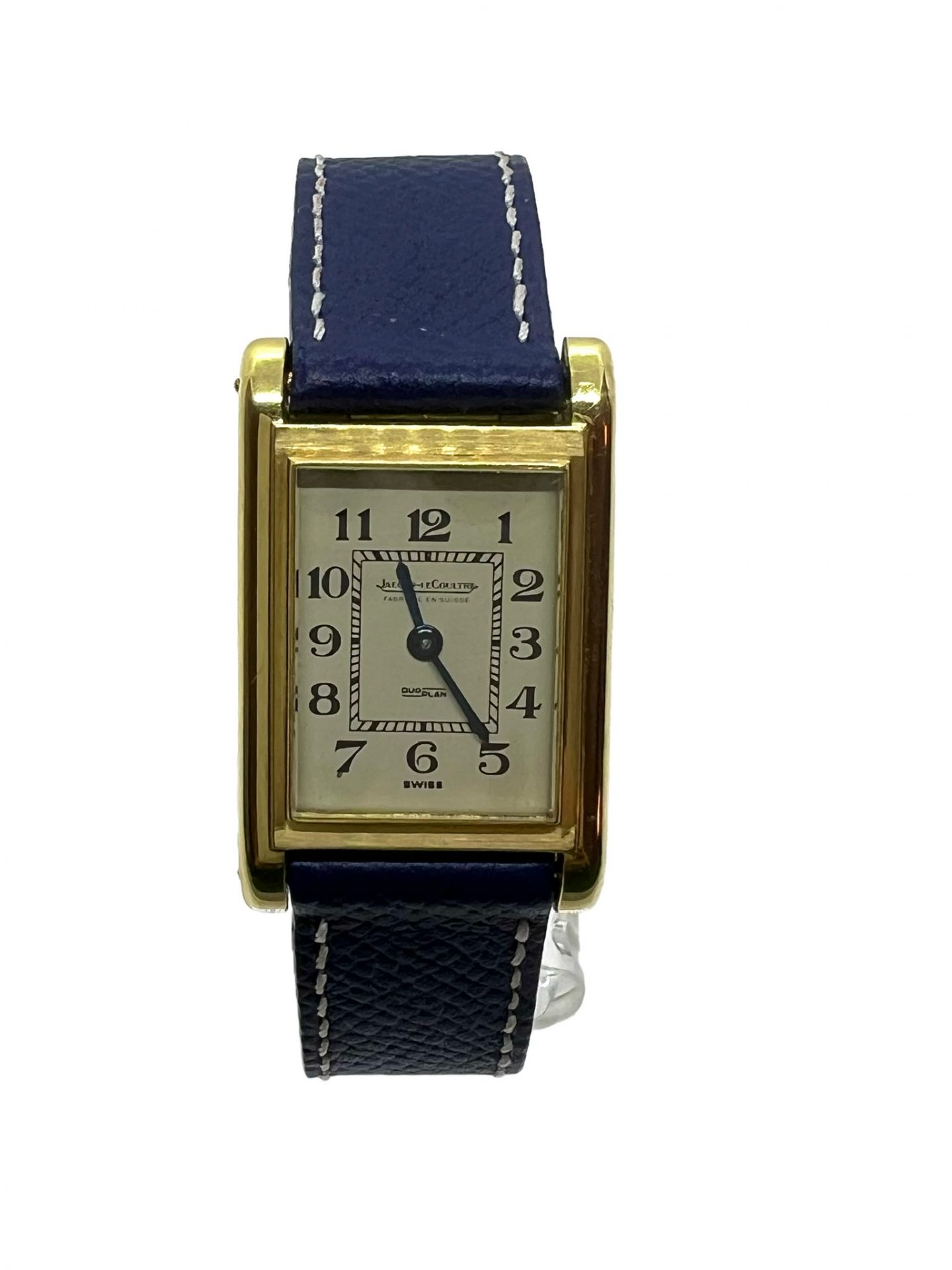 Jaeger Lecoultre, Montre Duoplan en or sur cuir.