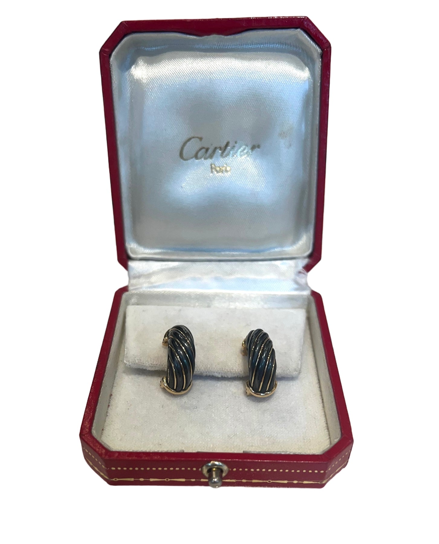 Boucles d'oreilles Cartier en or et argent oxydé dans leur écrin