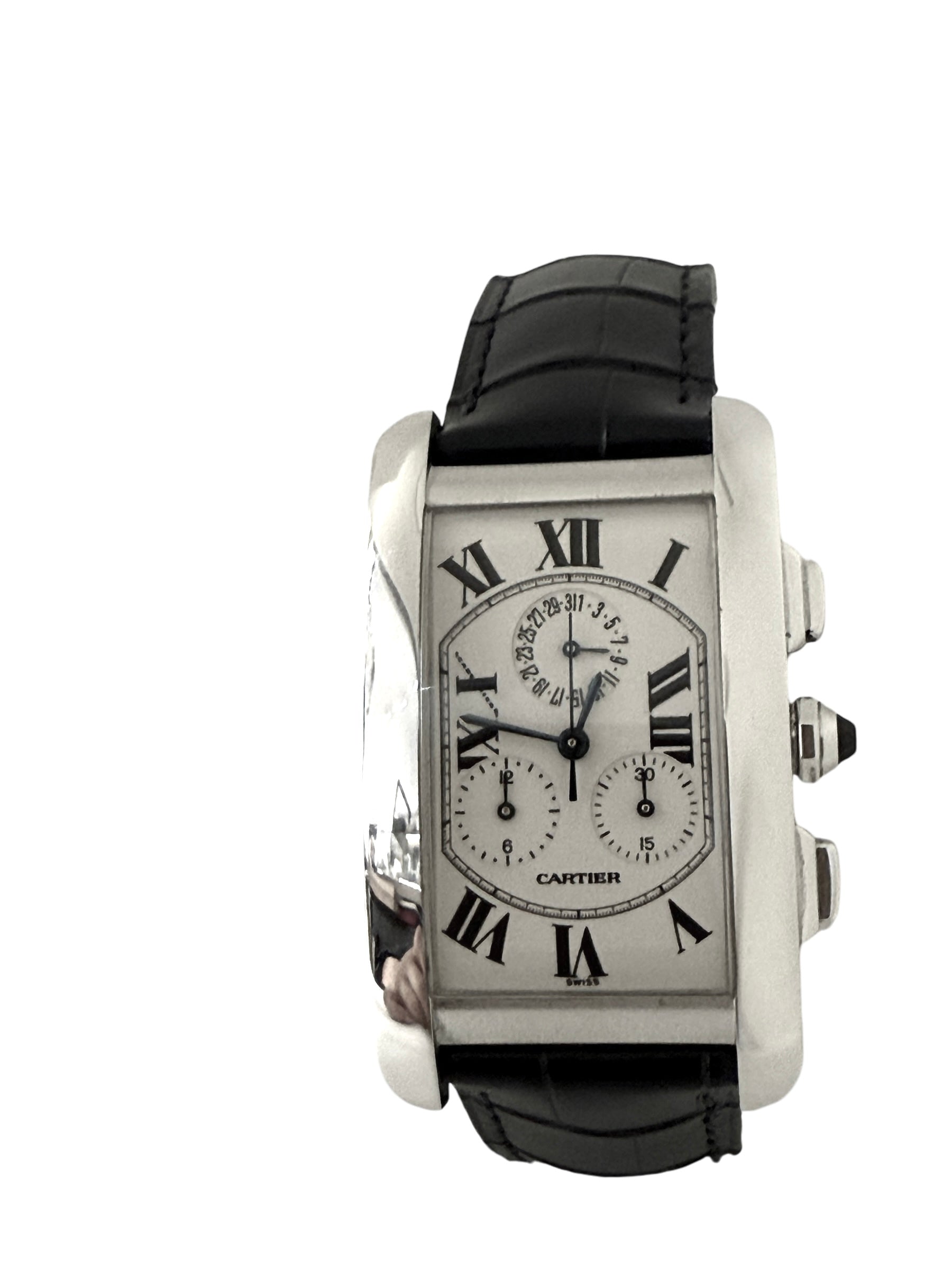 Cartier Tank Américaine quartz watch, white gold on leather