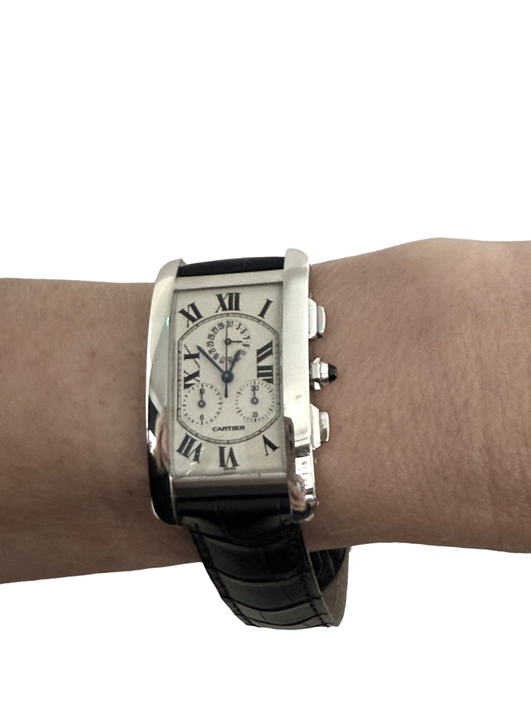 Cartier Tank Américaine quartz watch, white gold on leather