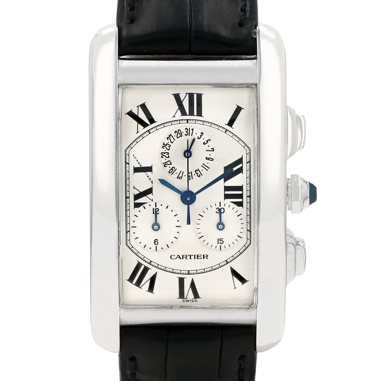 Cartier Tank Américaine quartz watch, white gold on leather